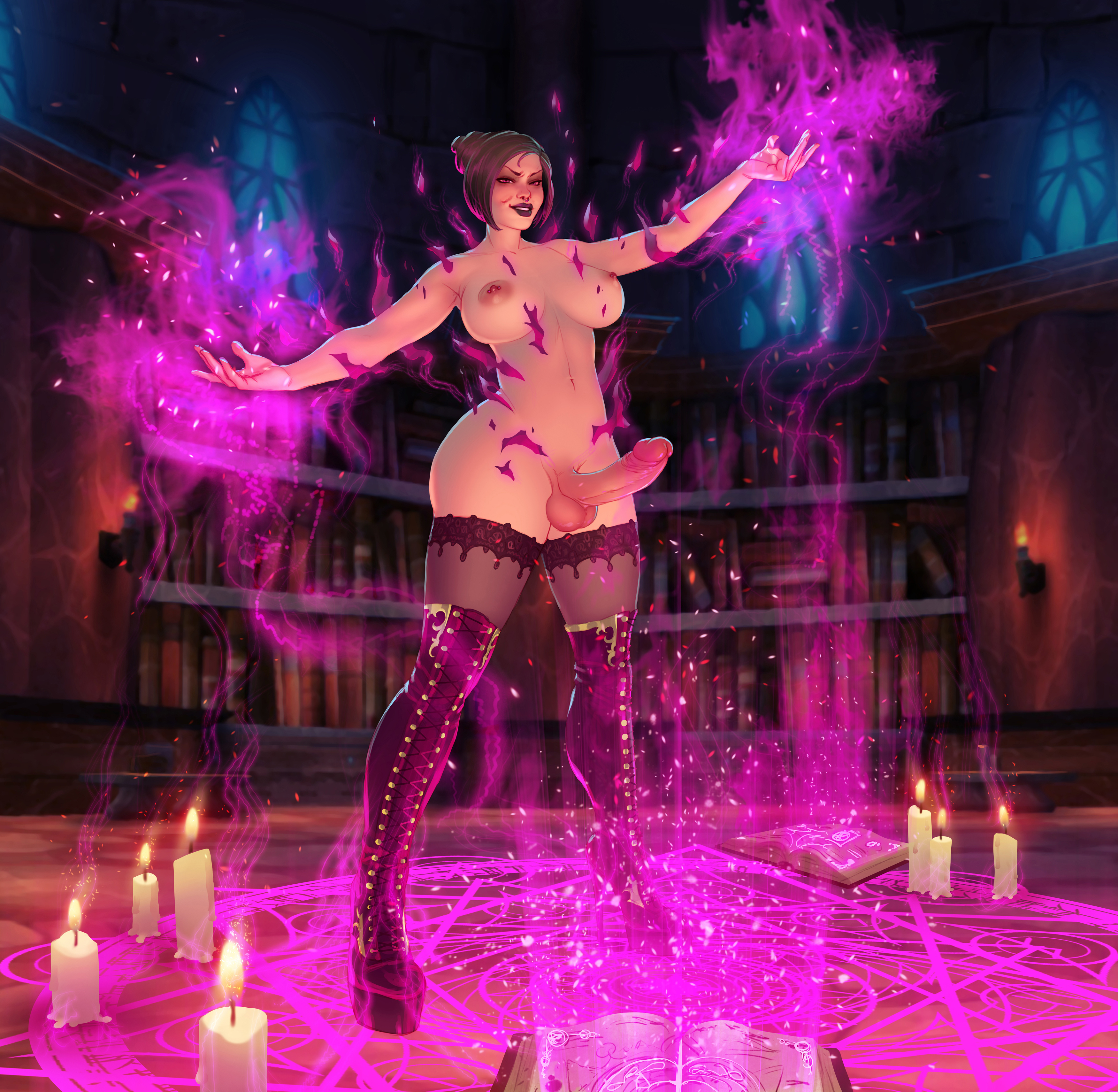 1futa, black hair, boots, breasts, dickgirl, erection, futa only, futanari, hairbun, intersex, joixxx, large breasts, large penis, magic, nipples, penis, solo, standing, thighhighs