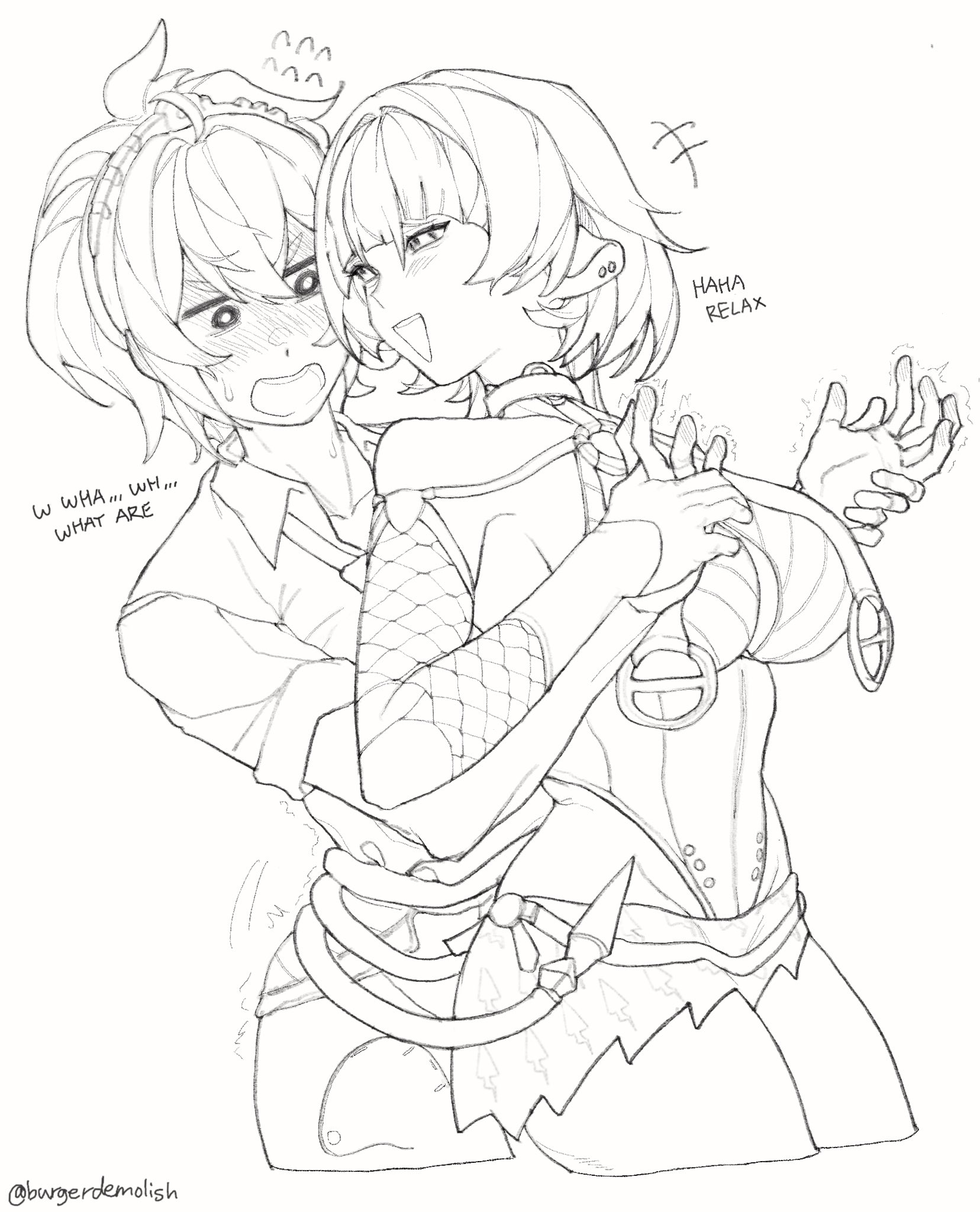 2girls, big breasts, blush, blush lines, dialogue, english text, female, female focus, female only, fishnets, highres, jane doe (nocturne of light) (zenless zone zero), jane doe (zenless zone zero), large breasts, lesbian, line art, meous, monochrome, mouse girl, official alternate costume, one-piece swimsuit, open mouth, sketch, swimsuit, tail around partner, text, white background, yuri, zenless zone zero, zhu yuan