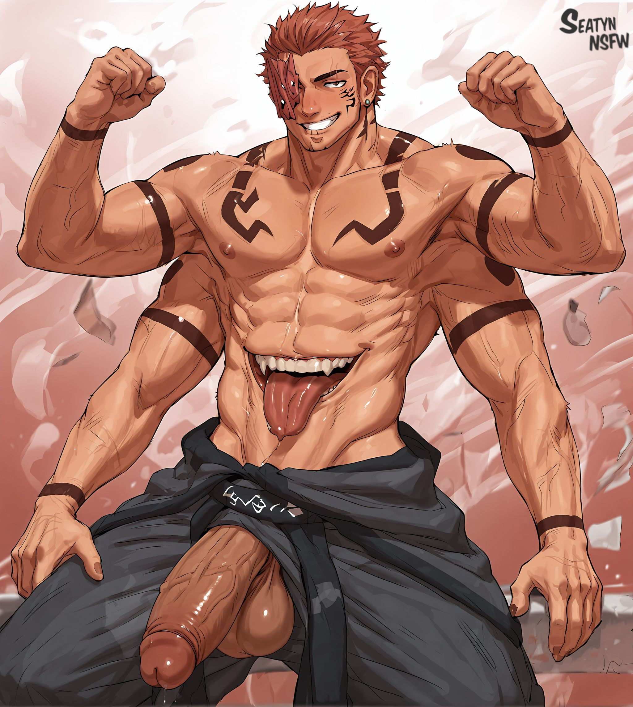 1boy, 4 arms, ai generated, anime, balls, big balls, big penis, gay, huge cock, jujutsu kaisen, male, male focus, male only, nipples, penis, ryoumen sukuna (jujutsu kaisen), seatyn nsfw, solo, solo focus, solo male, yaoi