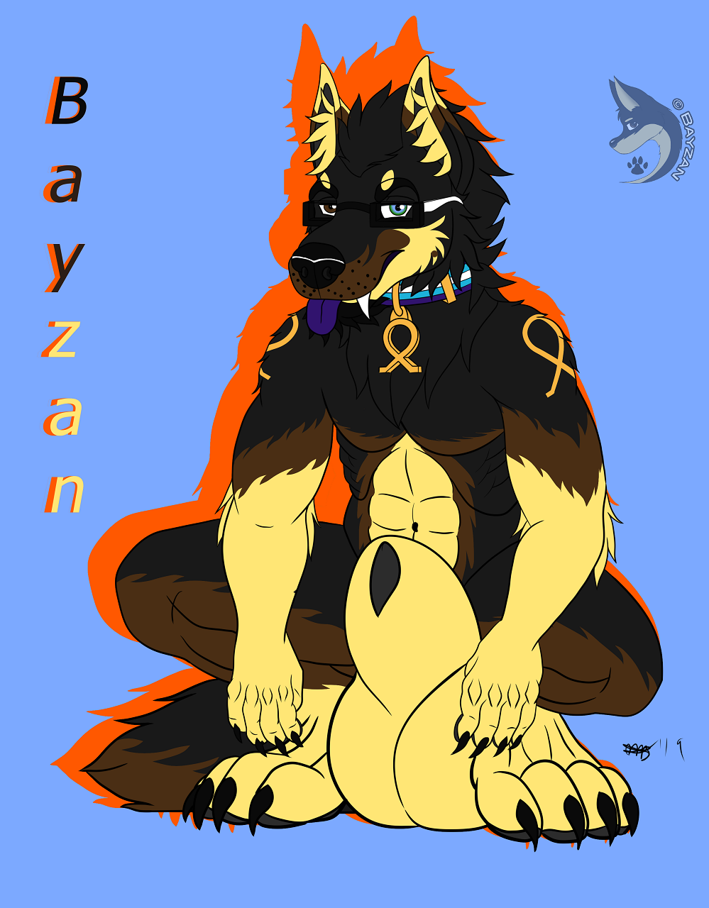 2019 abs animal_genitalia animal_penis anthro_only balls bayzan bayzan_(artist) big_balls big_claws big_sheath black_fur blue_eyes brown_fur calm canid canine canine_penis canis claws collar crouching dog_tags domestic_dog eyewear facial_hair fox fur german_shepherd glasses goatee green_eyes heterochromia hi_res huge_balls huge_sheath hybrid hyper hyper_balls hyper_penis hyper_sheath looking_at_viewer male male_only mammal no_humans penis purple_gums purple_tongue sheath sitting smile smirk solo tag tan_fur tongue tongue_out were werecanid werecanine werewolf wolf wolfdog yellow_fur