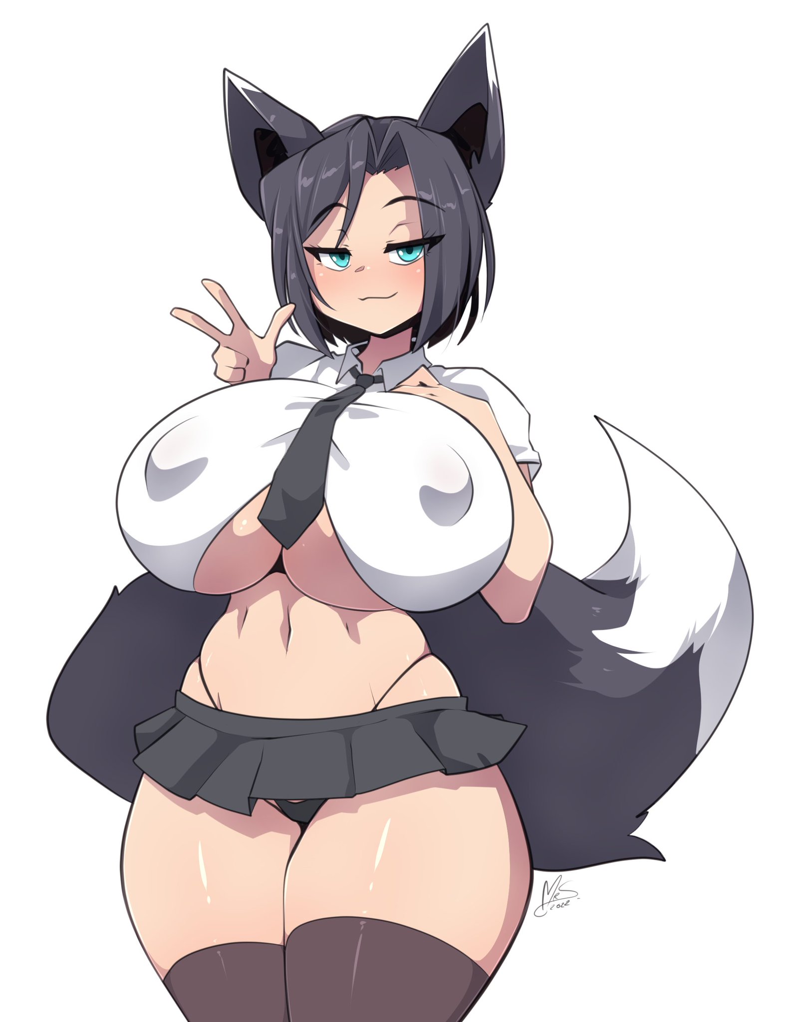 big breasts, blue eyes, breasts, covered nipples, erect nipples, female, fox ears, fox girl, fox tail, hachisoda, huge breasts, kurisu shadestar, light skin, mrsakai, nipples, ryousakai, tail