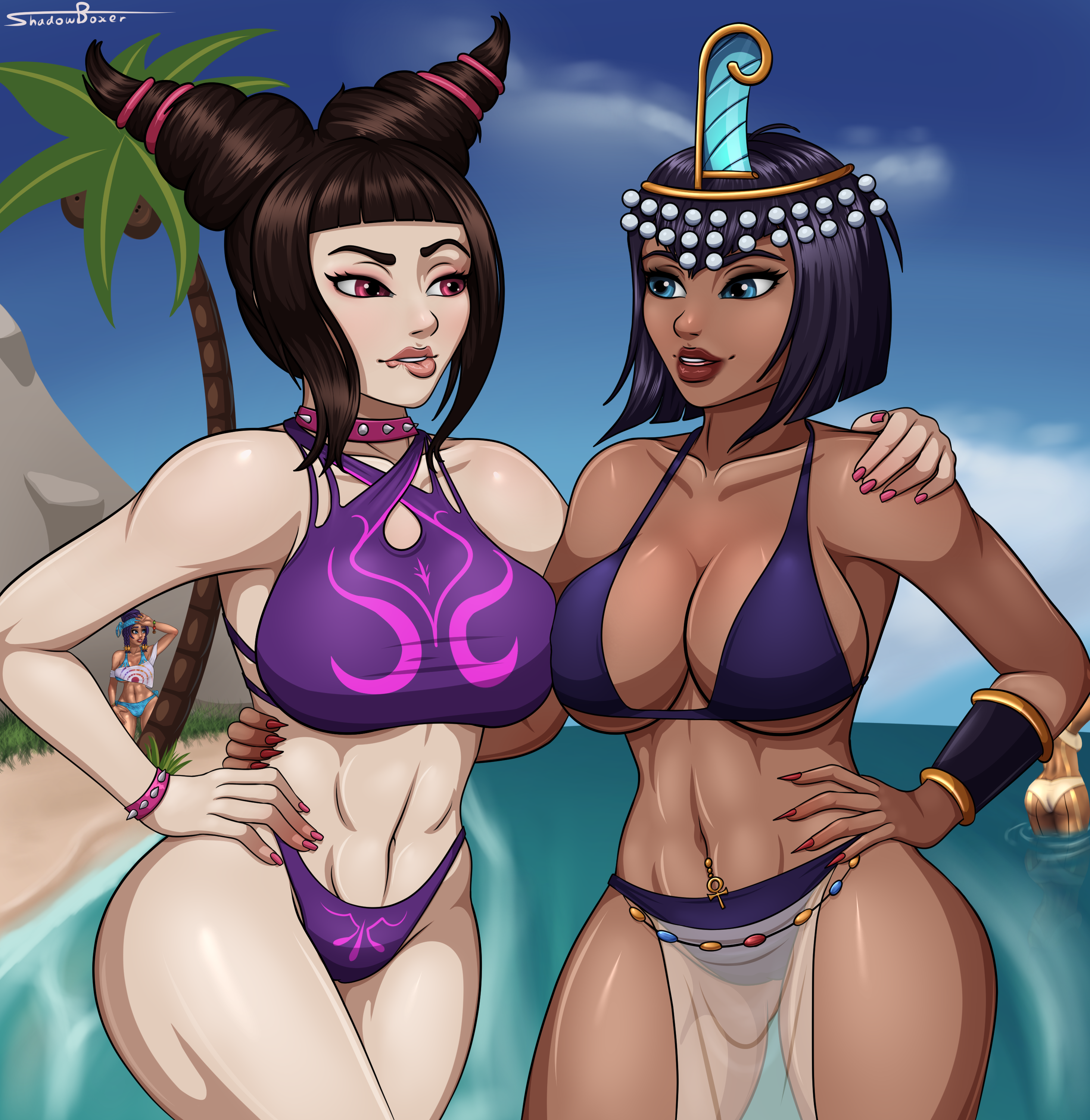 2019, 4girls, ass, beach, big breasts, bikini, biting lip, black hair, blue eyes, bob cut, breasts, cleavage, crossover, crown, dark skin, dark-skinned female, egyptian, eliza (skullgirls), female, female only, fully clothed, juri han, large breasts, multiple females, multiple girls, navel piercing, pink eyes, pink nails, red nails, shadowboxer, short hair, skullgirls, spiked collar, street fighter, swimsuit, white skin