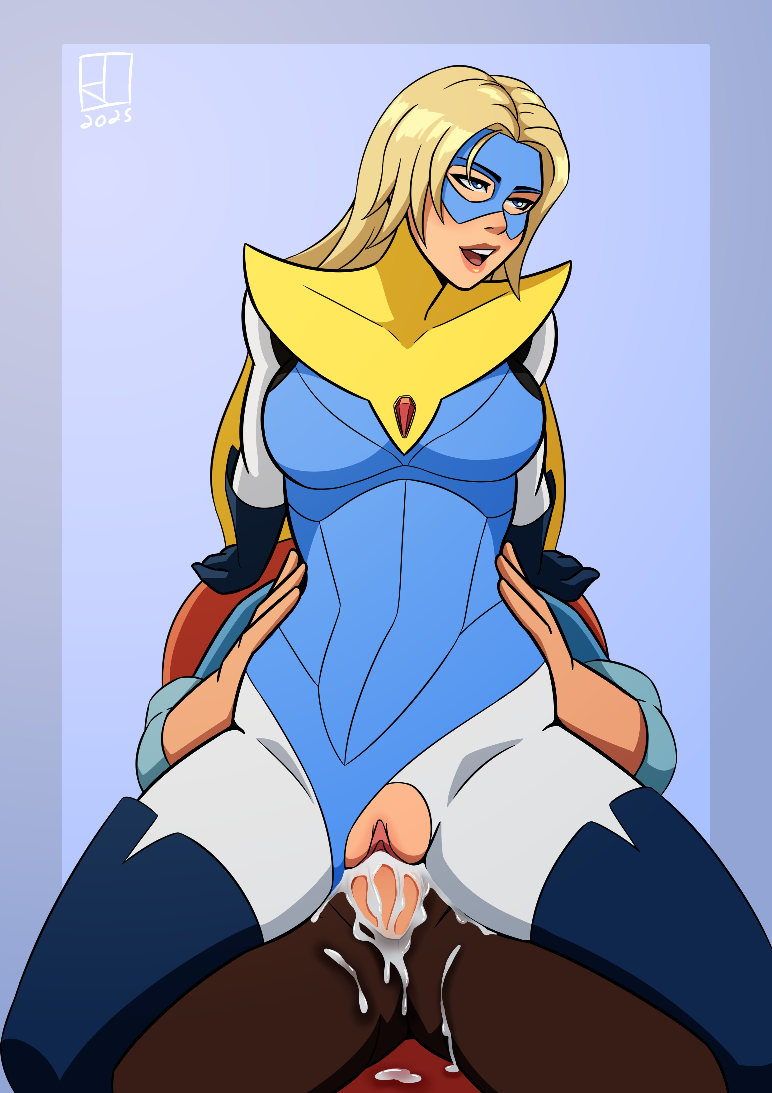1boy, 1girl1boy, 1girls, blonde blazer, blonde female, blonde hair, blue eyes, blue thigh boots, brown hair, clothed female nude male, cowgirl position, cum, cum in pussy, cum inside, desk, dispatch (game), female, female penetrated, gloved hands, gloves, half mask, hornyjaillifer, male, male/female, mask, masked female, nude, nude male, nude male clothed female, office, penetration, penis, pussy, robert robertson, sex, short hair, straight, superhero, superhero costume, superheroine, thigh boots, vaginal penetration