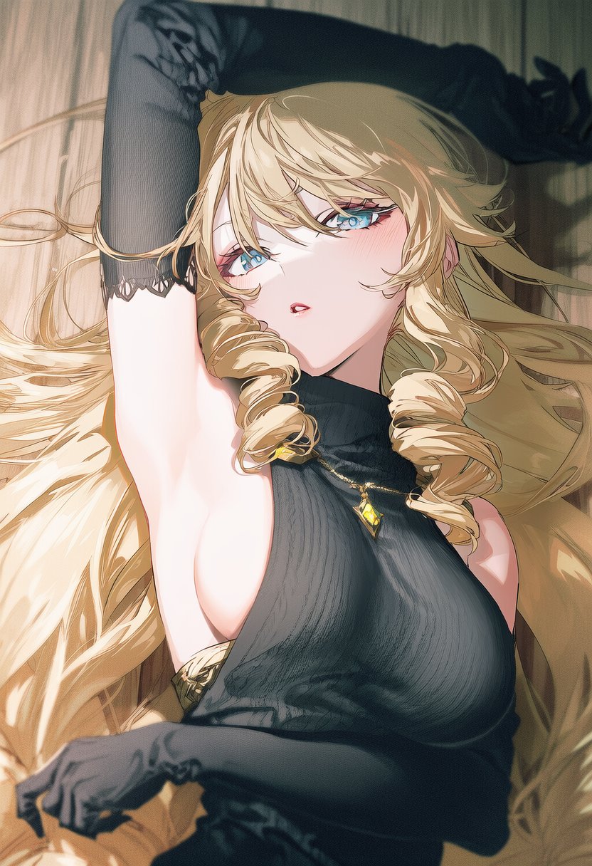 1girls, ai generated, armpits, blonde hair, blue eyes, breasts, female, genshin impact, large breasts, long hair, looking at viewer, navia (genshin impact), sideboob