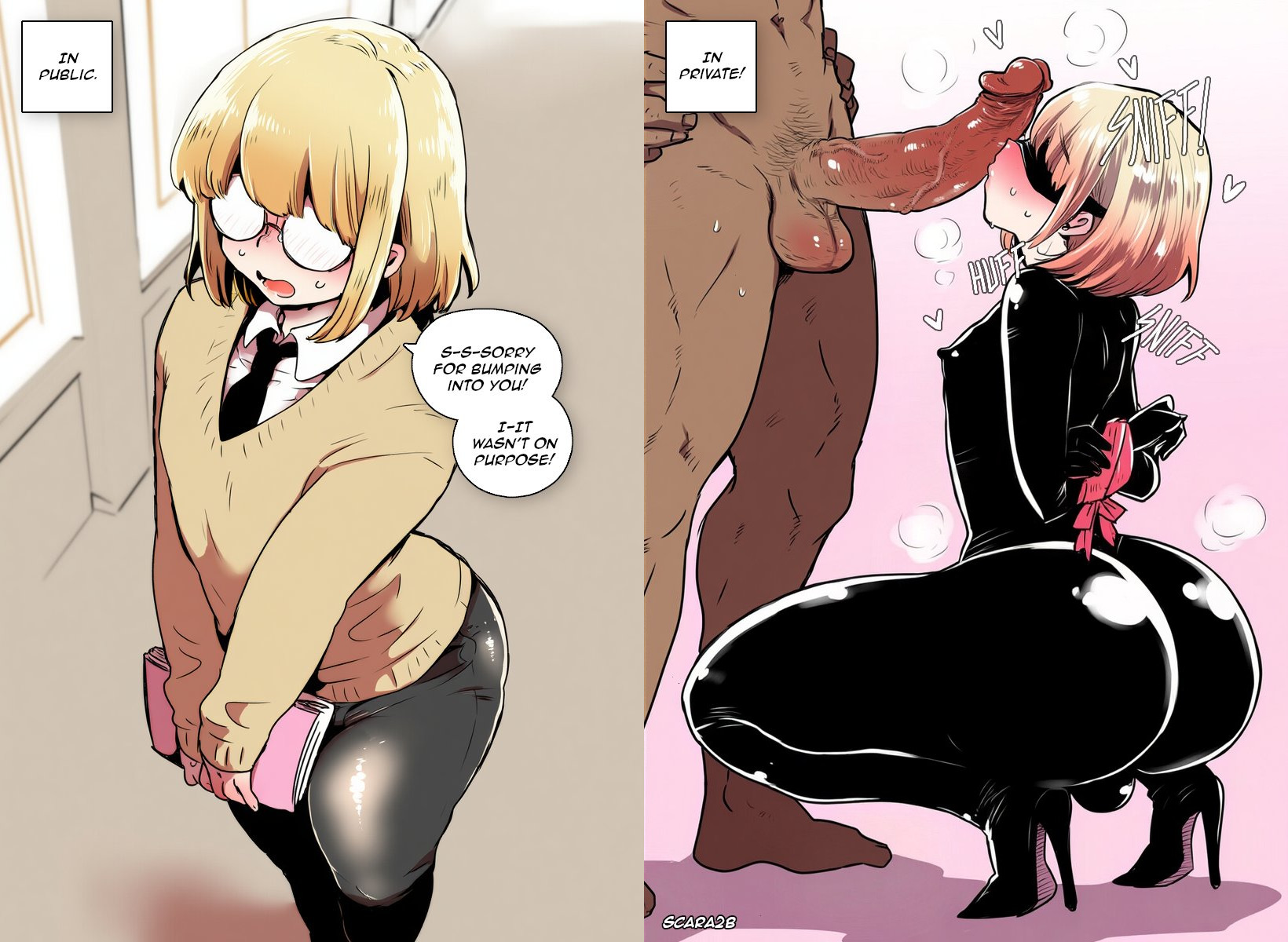 1femboy, 2 panel comic, 2025, 2boys, ai generated, ass, black clothing, black shoes, blindfold, blonde hair, blush, blushing, bulge, comic, cute, dark-skinned male, femboy, gay, glasses, high heels, interracial, kissing penis, large ass, large penis, latex, latex suit, light-skinned male, male, male only, male/male, nerd, nipple bulge, penis, scara2b, scarabb, school uniform, size difference, sniffing, speech bubble, squatting, text, tie, tied hands, wide hips, yaoi