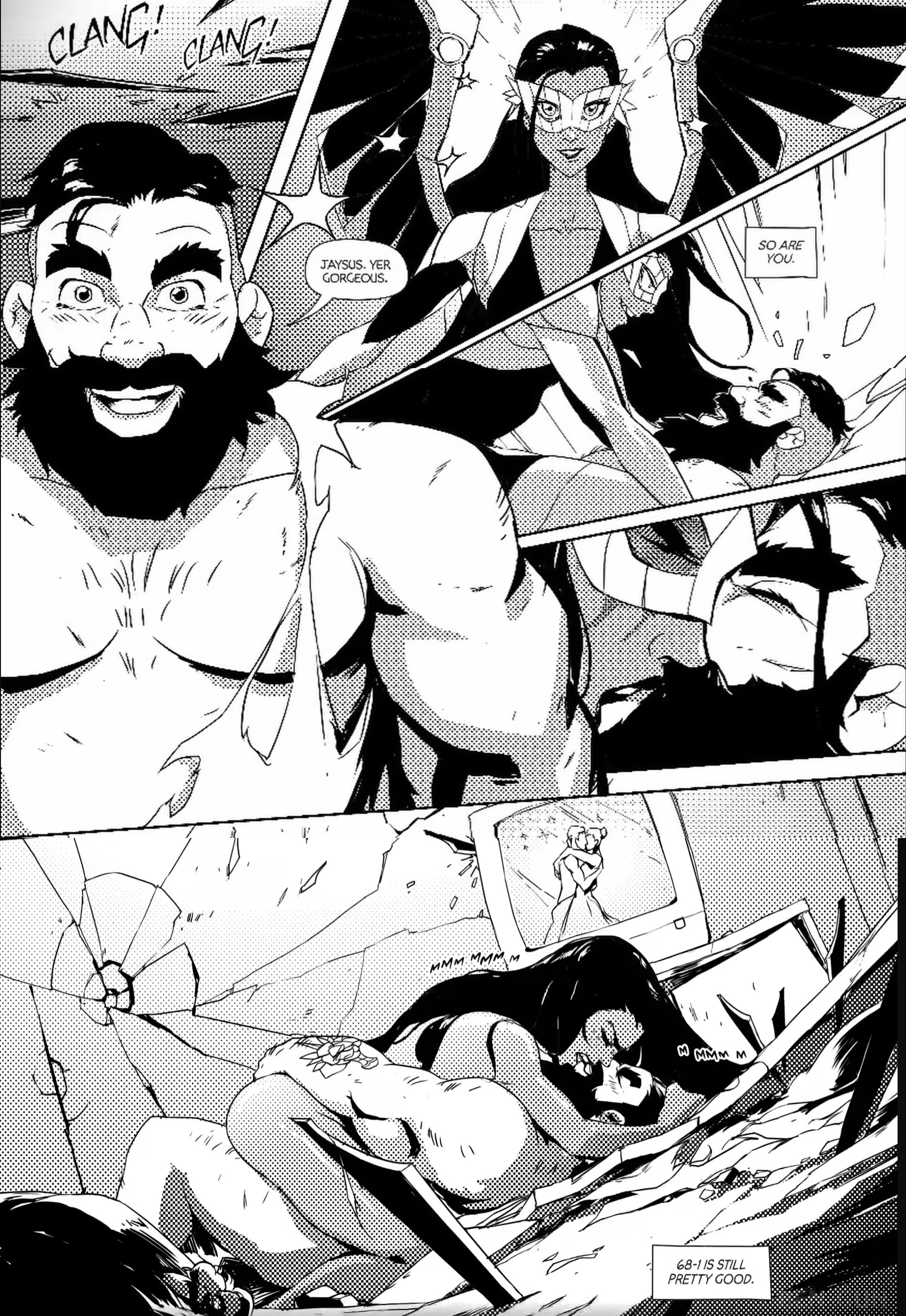 1boy, 1girls, adhoc studio, assassin, buff male, comic, comic page, compliment, complimenting partner, coupe, dark skin, dark-skinned female, dialogue box, dialogue bubble, dispatch (game), dwarf, dwarf male, dwarfism, english, english dialogue, english text, female, female on top, hugging, hugging partner, imminent sex, kissing, kissing while penetrated, male, midget, muscular, muscular male, naked female, naked male, official, official art, punch up (dispatch), pussy, screenshot, sex, sex after fight, smaller male, stripper clothes, text, vaginal penetration