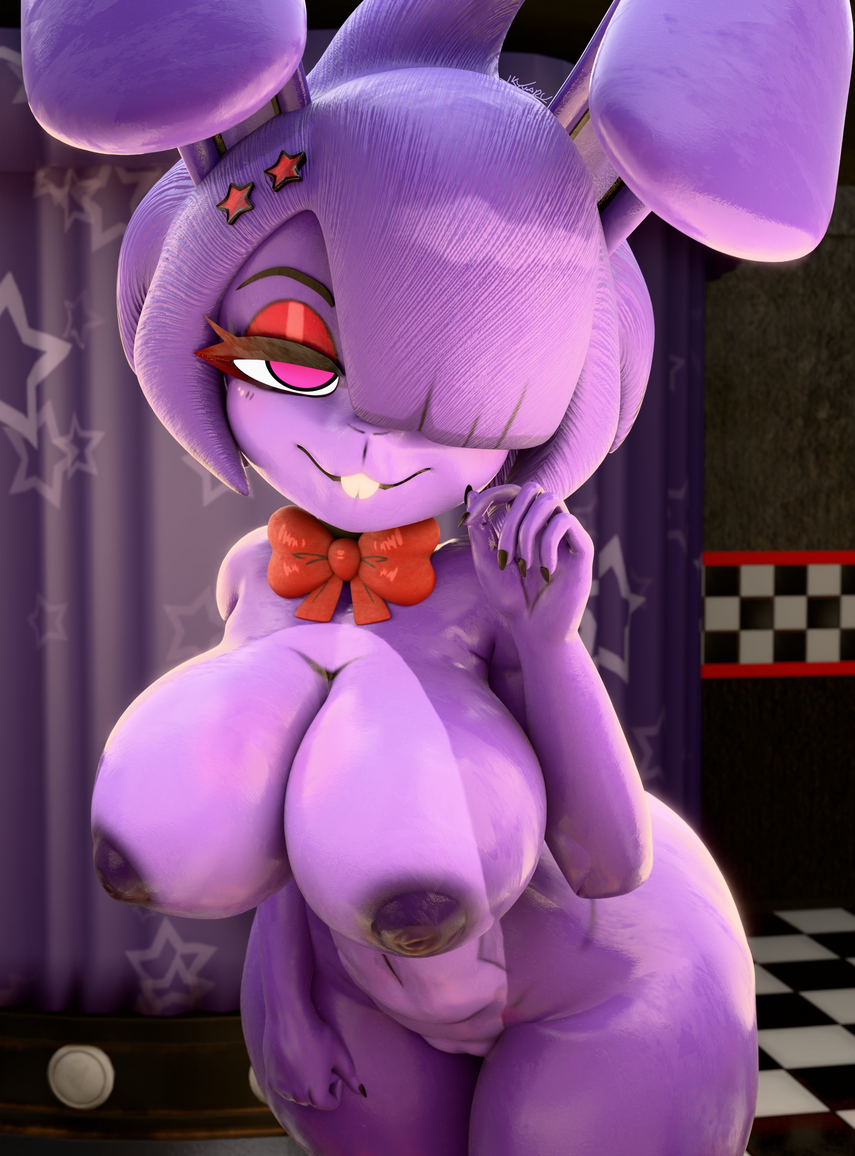 3d, anthro, bedroom eyes, big breasts, bonfie, bowtie, bowtie collar, breasts, buckteeth, cryptiacurves, fazclaire's nightclub, female, five nights at freddy's, fredina's nightclub, furry, ikytaru, looking at viewer, naked, naked breasts, naked female, seductive, seductive look, shiny, shiny skin, solo, solo female, tagme, thick thighs, voluptuous, wide hips