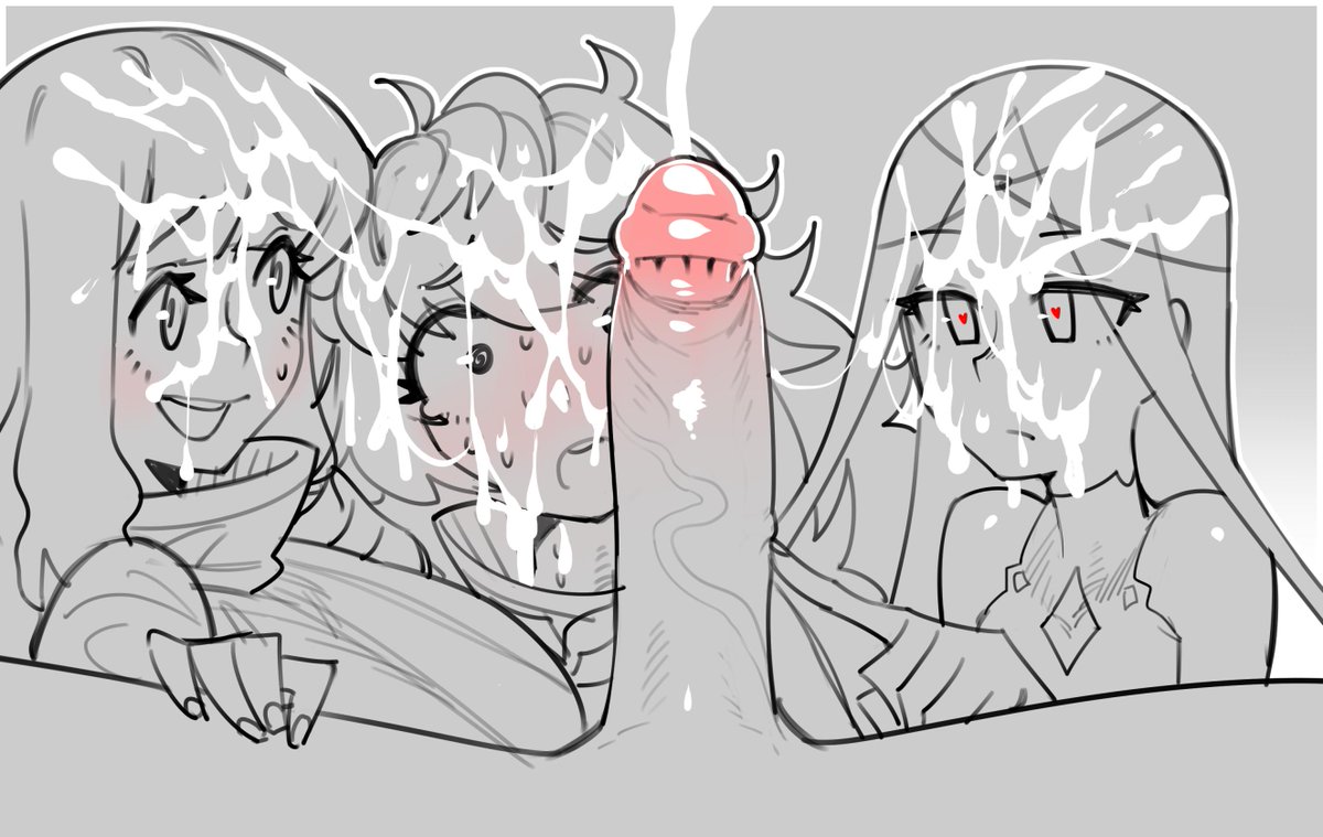 1boy, 3girls, blush, cum, excessive cum, eyebrows visible through hair, female, heart, heart-shaped pupils, looking at viewer, male, minkye, multiple females, multiple girls, open mouth, penis, short hair, simple background, smile, spread legs, straight, sweat, teeth, thighs, uncensored