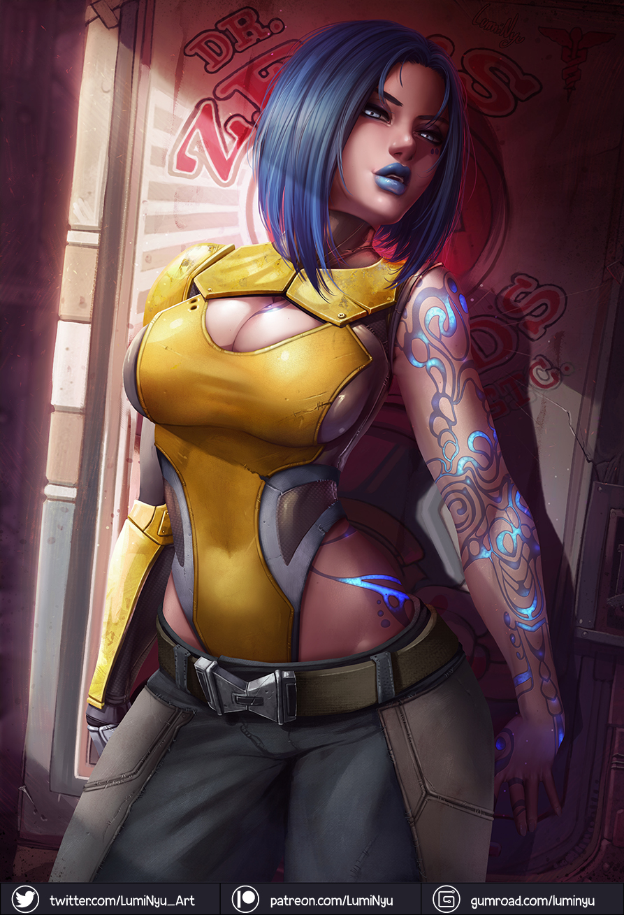 1girls, 2d, artist name, big breasts, blue eyes, blue hair, blue lipstick, bob cut, body markings, borderlands, borderlands 2, breasts, cleavage, female, female only, glowing markings, glowing tattoo, grey eyes, hair, hips, large breasts, lips, luminyu, makeup, maya (borderlands), open mouth, pinup, sensual, short hair, siren (borderlands), siren markings, solo, solo female, solo focus, tattoo