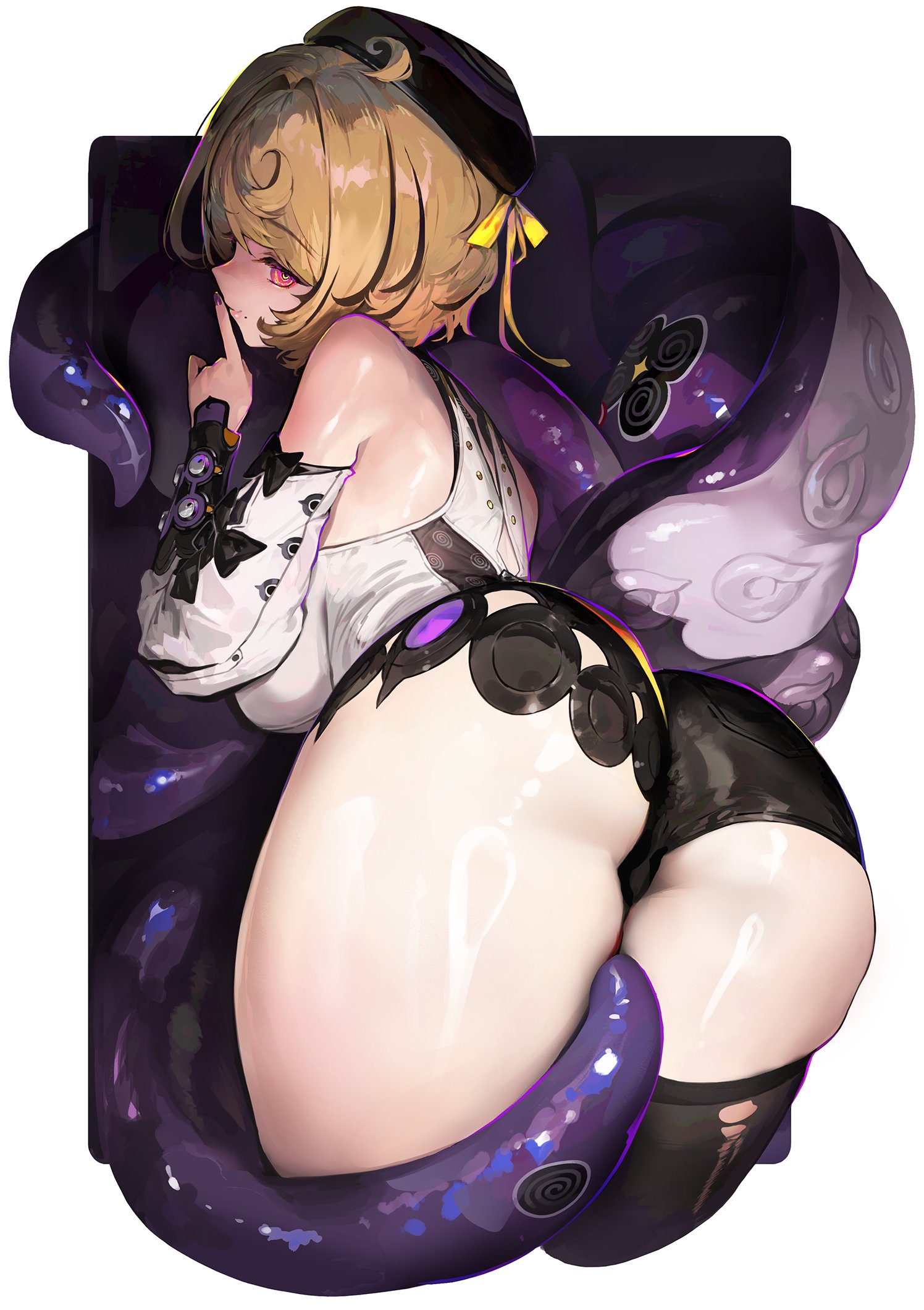 1girls, ahoge, ass, bare shoulders, beret, black shorts, black thighhighs, blonde hair, booty shorts, breasts, commentary, detached sleeves, female, female only, from behind, hair intakes, hashtag-only commentary, hat, highres, large breasts, mole, mole under mouth, monster girl, nail polish, painted nails, paringgg, purple eyes, purple nails, scylla, shirt, short hair, short shorts, shorts, skindentation, solo, tentacle, tentacle girl, tentacle tail, tentacles, thighhighs, thighs, white shirt, yidhari murphy, zenless zone zero