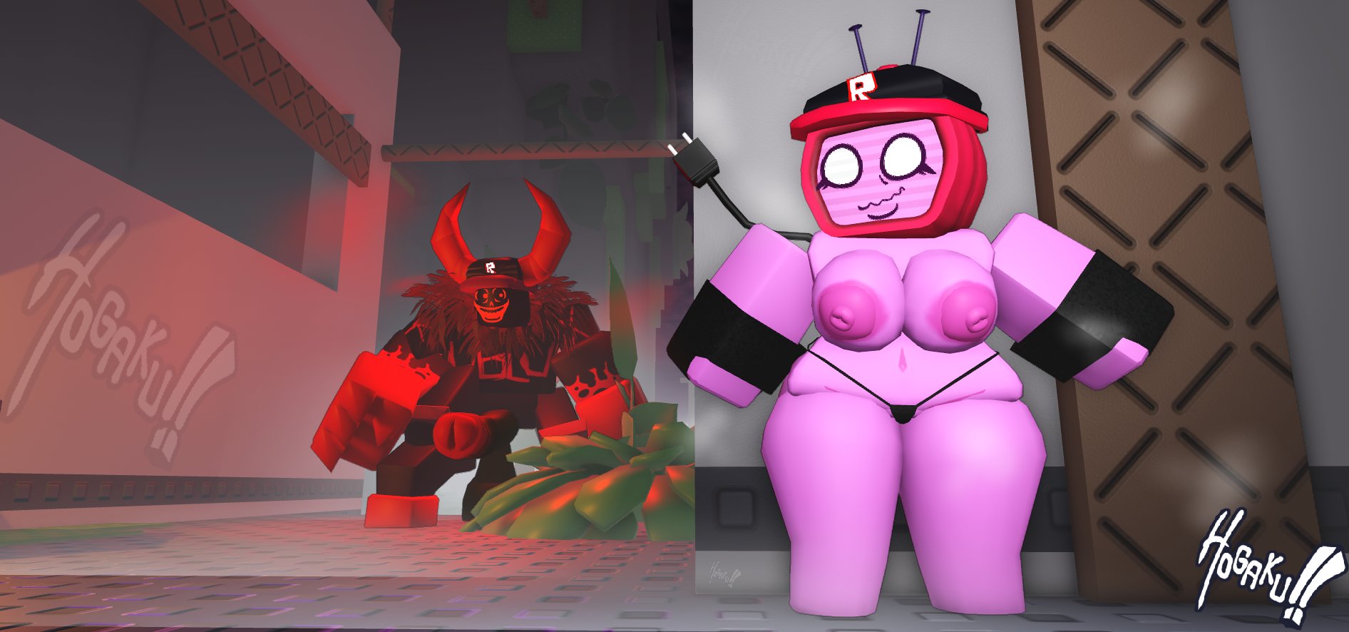 1boy, 1girls, 2025, 3d, 3d (artwork), 3d model, almost naked, antenna, areolae, artist name, barefoot, big breasts, big nipples, breasts, cable, cap, demon, demon horns, female, forsaken (roblox), gloves, guest 666 (forsaken), hiding, hogaku, horns, huge breasts, huge nipples, large breasts, lip, male, monster, monster cock, monster on female, nipple, nipples, outdoors, penis, roblox, roblox game, roblox hat, robloxian, robot, robot girl, robot humanoid, thick thighs, thighs, thight clothing, thong, topless, tv head, twitter link, veeronica