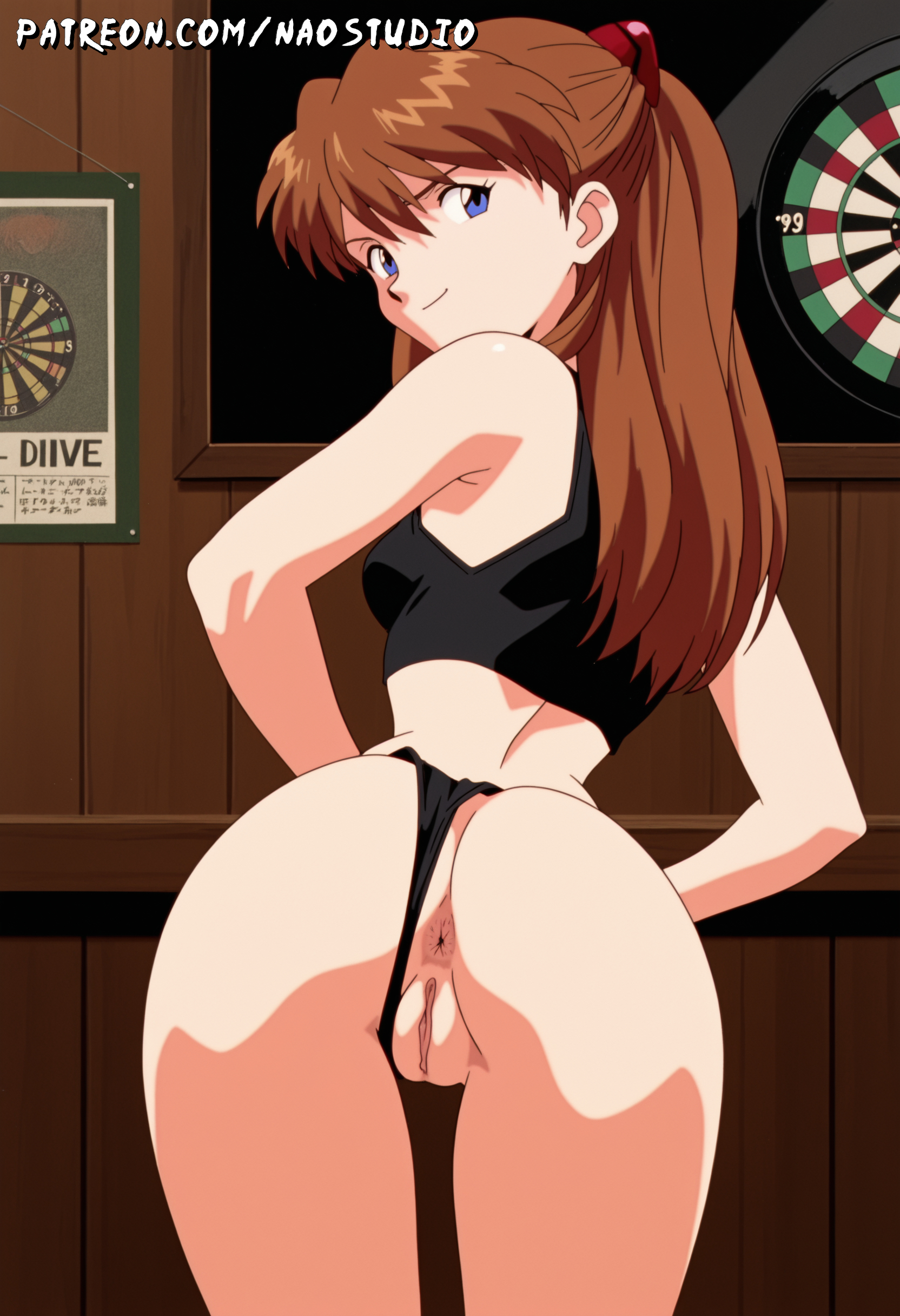 ai generated, anus, asuka langley sohryu, black panties, blue eyes, blush, bra and panties, breasts, dartboard, detailed asshole, detailed pussy lips, detailed vagina, female, ginger, ginger female, hair ornament, indoors, long hair, long-haired female, looking at viewer, looking back, naostudio, neon genesis evangelion, orange hair, panties, panties aside, pussy, pussy focus, solo, solo female, sports bra, thighs, tsundere, twintails