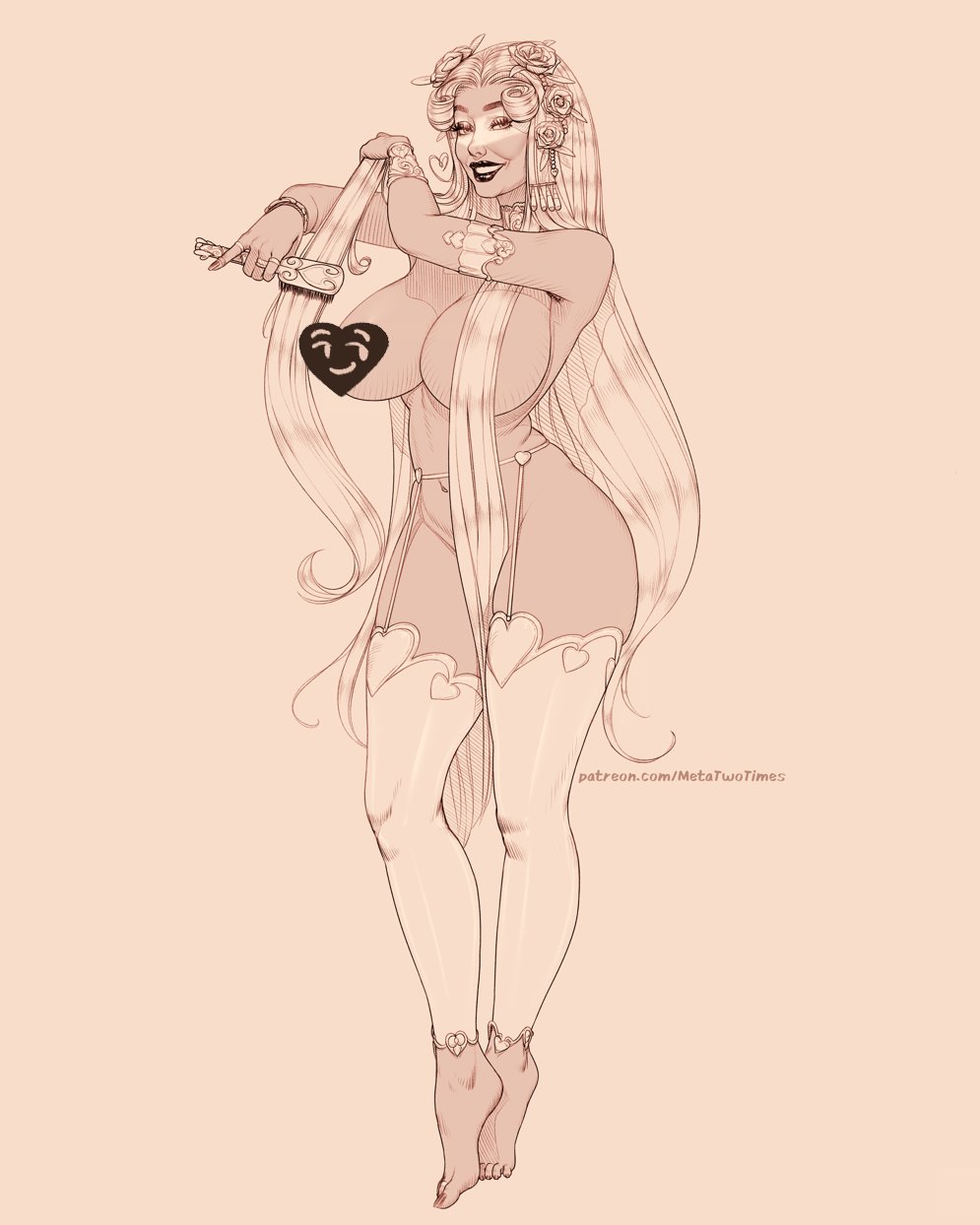 1girls, aphrodite (hades), brushing hair, censored, female, goddess, greek mythology, hades (game), long hair, metameta/metatwotimes, metatwotimes, smile, thighhighs