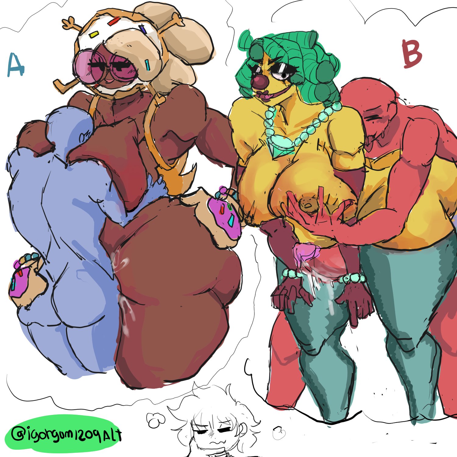 2boys, 2girls, areolae, big breasts, blue body, brawl stars, breasts, cum, cum in pussy, cum inside, dark skin, dark-skinned female, female, glasses, green hair, igorgun, latina, lola (brawl stars), loopy lola (brawl stars), male, pussy, red body, rosa (brawl stars), sugarplum rosa (brawl stars), thick thighs, thighhighs, thighs, yellow body