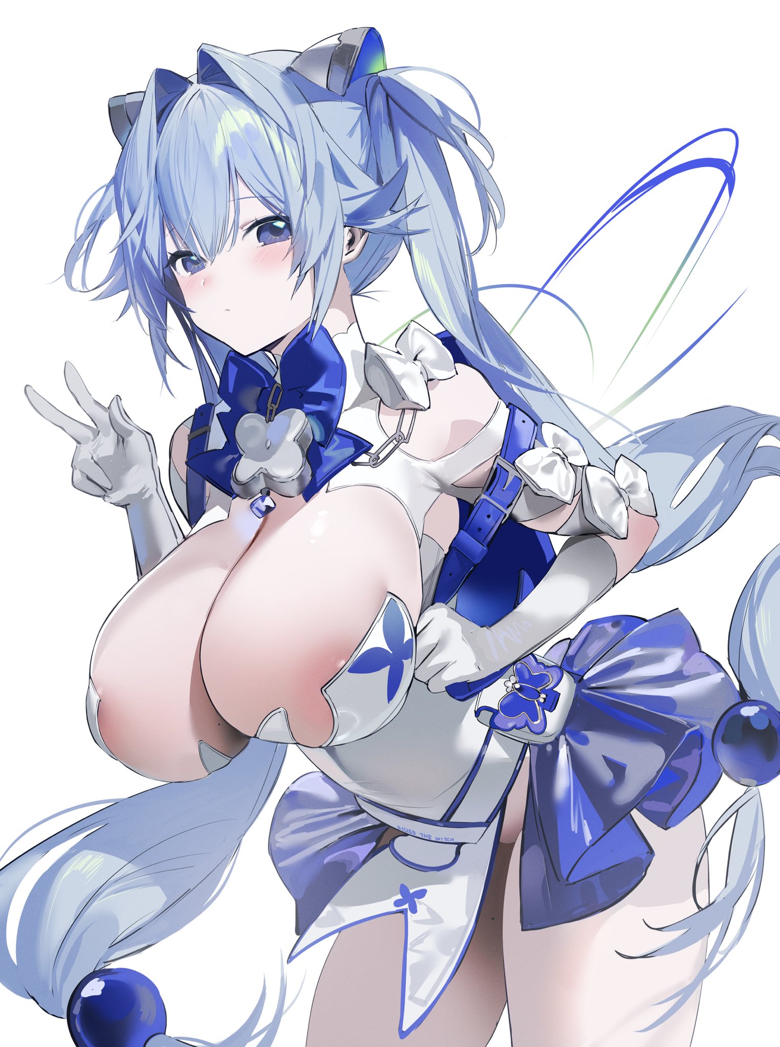 aen9kec, areola slip, backpack, bag, blue bag, blue bow, blue bowtie, blue eyes, blue hair, blue skirt, blush, bow, bowtie, breasts, cleavage, closed mouth, cowboy shot, elbow gloves, female, gloves, goddess of victory: nikke, gretel (nikke), hair between eyes, hair flaps, hair intakes, hair ornament, headgear, highres, large breasts, leaning forward, leotard, long hair, looking at viewer, mole, mole on thigh, pantyhose, pelvic curtain, randoseru, showgirl skirt, shrug (clothing), skirt, solo, sphere hair ornament, standing, twintails, v, very long hair, white background, white gloves, white leotard, white pantyhose, white shrug