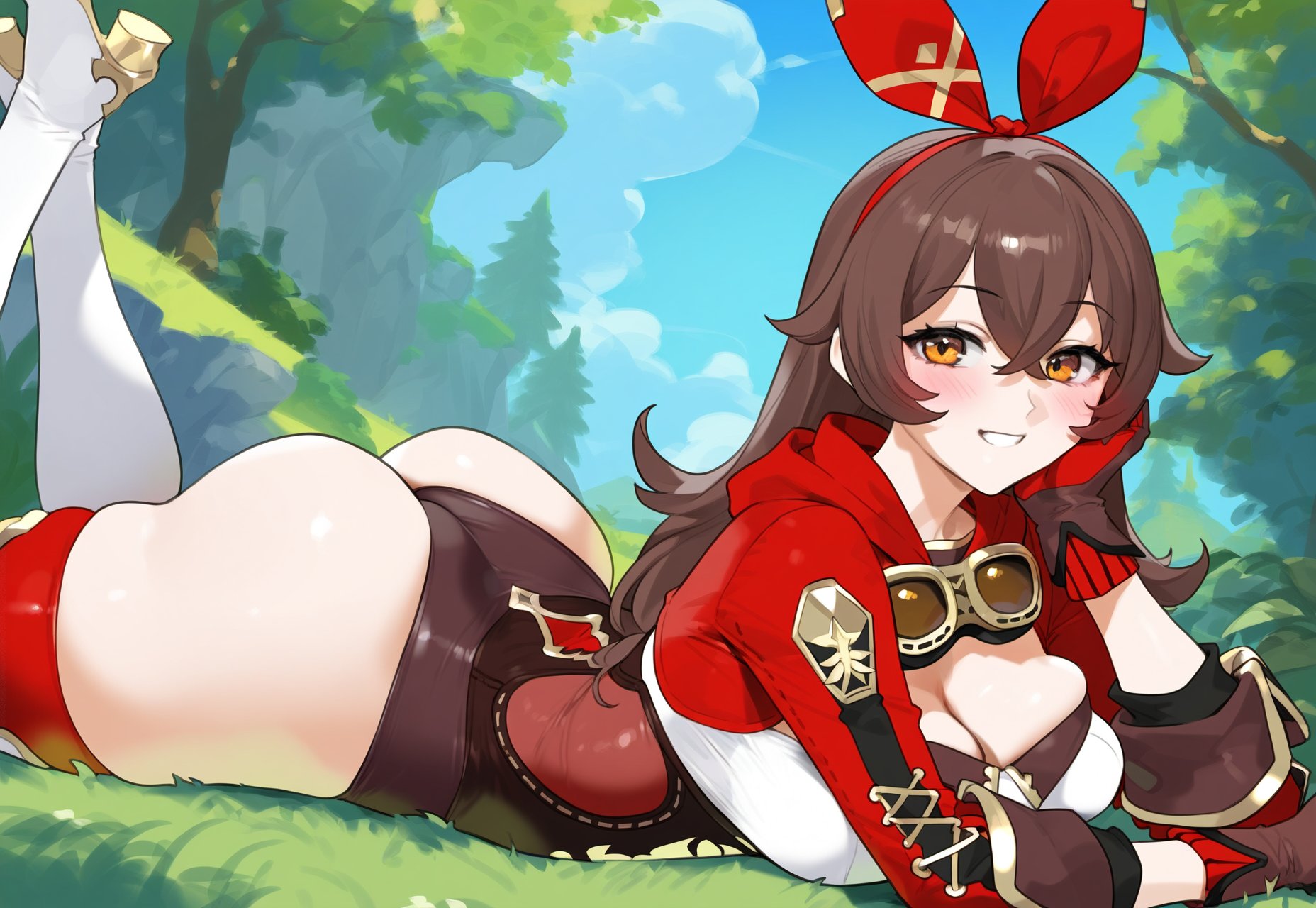 1girls, ai generated, amber (genshin impact), ass visible from the front, female, genshin impact, looking at viewer, lying on stomach, pale-skinned female, perfect body, prone bone, solo, truck kun