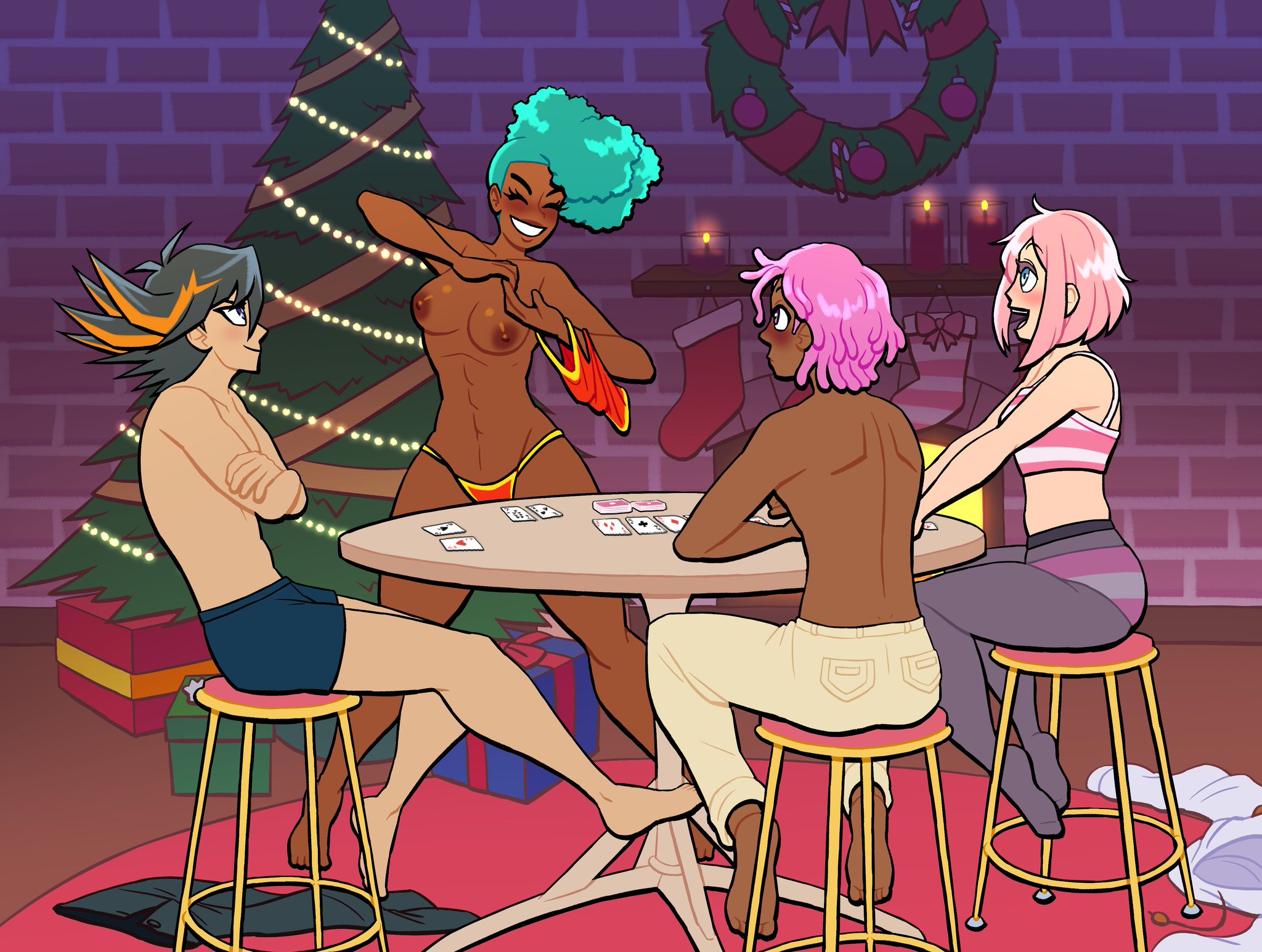 2boys, 2girls, abs, afro, arms crossed, bar stool, bare breasts, blue eyes, blue hair, blushing, bomb rush cyberfunk, breasts, brick wall, candle, casual nudity, christmas tree, clothes on floor, commission, commissioner upload, crossover, dancing, dark hair, dark skin, dark-skinned female, dark-skinned male, female, fireplace, hair highlights, happy, kagamihara nadeshiko, kaz kaan, lovetopullmicke, male, medium breasts, neo yokio, nipples, pale skin, pale-skinned female, pale-skinned male, pantyhose, pink hair, playing card, poker, present box, smiling, smirk, spnati, stockings, strip poker, strip poker night at the inventory, table, tank top, thick thighs, thong, topless, topless female, topless male, vinyl (brc), wreath, yu-gi-oh! 5d's, yurucamp, yusei fudo