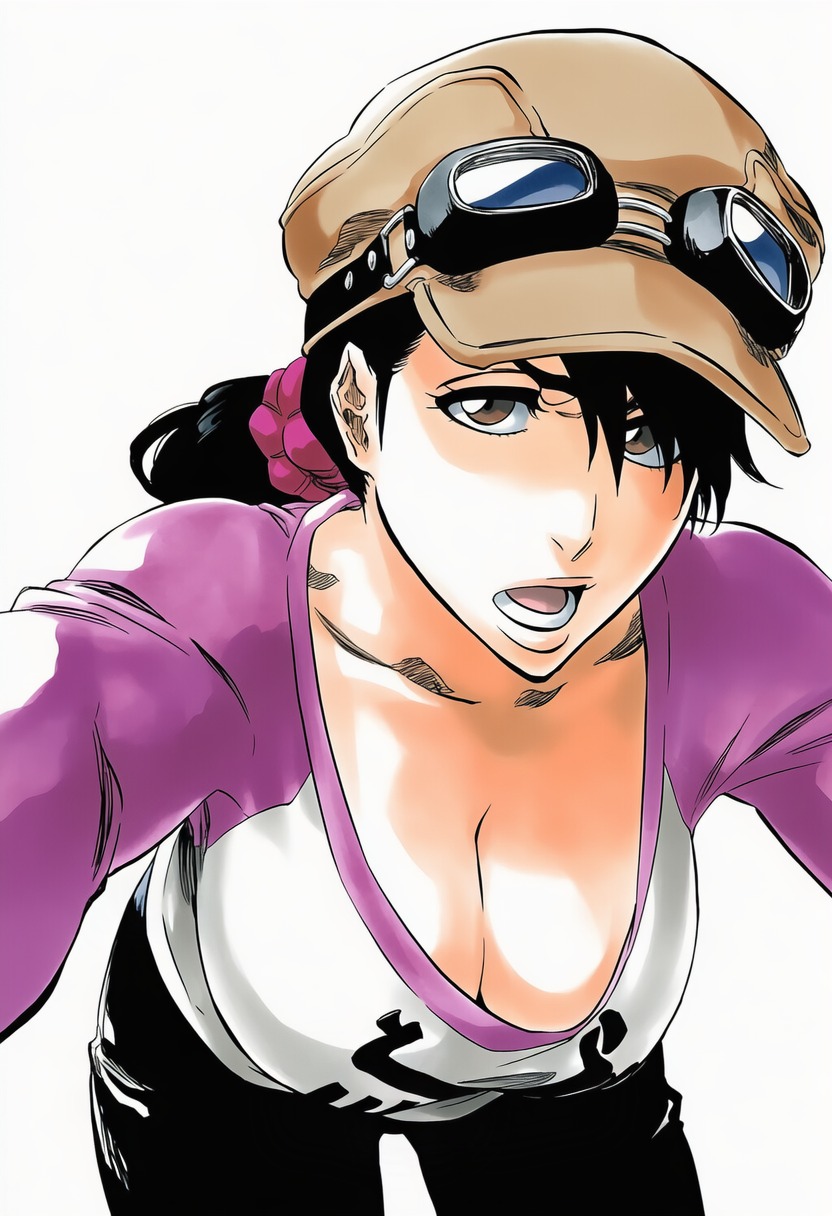 1girls, accurate art style, accurate body type, ai generated, bent over, big breasts, black hair, black pants, bleach, breast focus, breasts, brown eyes, busty, cabbie hat, clavicle, cleavage, clothes writing, collarbone, curvaceous, curvy, eyewear on head, fanart, female, female focus, female only, goggles, goggles on head, hair scrunchie, hanging breasts, hat, highres, ikumi unagiya, large breasts, leaning forward, light skin, light-skinned female, long hair, long sleeves, looking at viewer, low ponytail, mature female, milf, open mouth, pants, ponytail, raglan sleeves, scoop neck, scrunchie, simple background, solo, solo female, solo focus, t-shirt, thigh gap, tite kubo style, unagiya ikumi, voluptuous, white background, ㅇㅇ