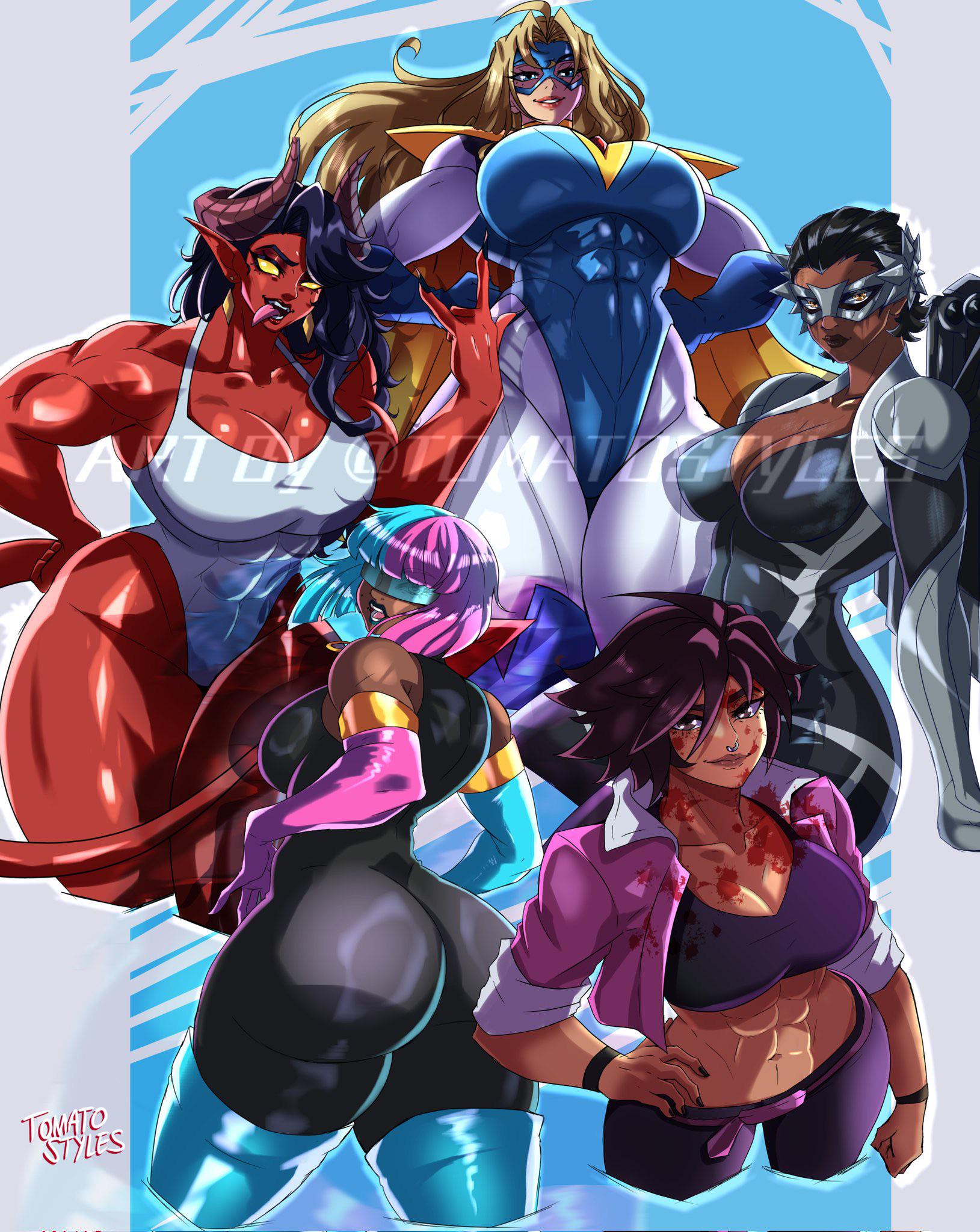 5girls, big ass, big breasts, black hair, blonde blazer, blonde hair, blood on face, coupe, dispatch (game), fit, fit female, invisigal, malevola gibb, muscular, muscular female, prism, take your pick, tomatostyles, tomboy, toned, toned female, watermark