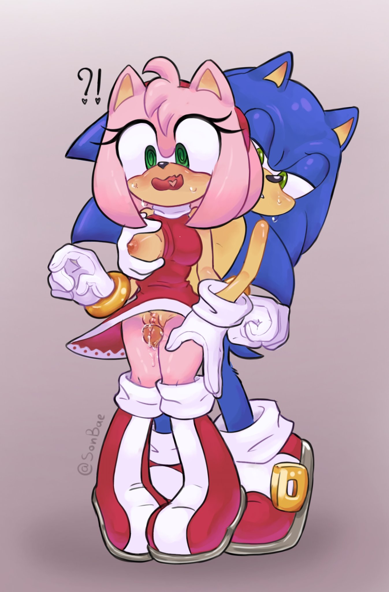 ?!, amy rose, boots, breasts, clothing, female, furry, groping breasts, groping from behind, handwear, handwear and footwear only, legwear, male, no panties, one breast out, penis, penis between legs, pussy, shocked expression, sonbae, sonic (series), sonic the hedgehog, sonic the hedgehog (series), sweat, thigh sex