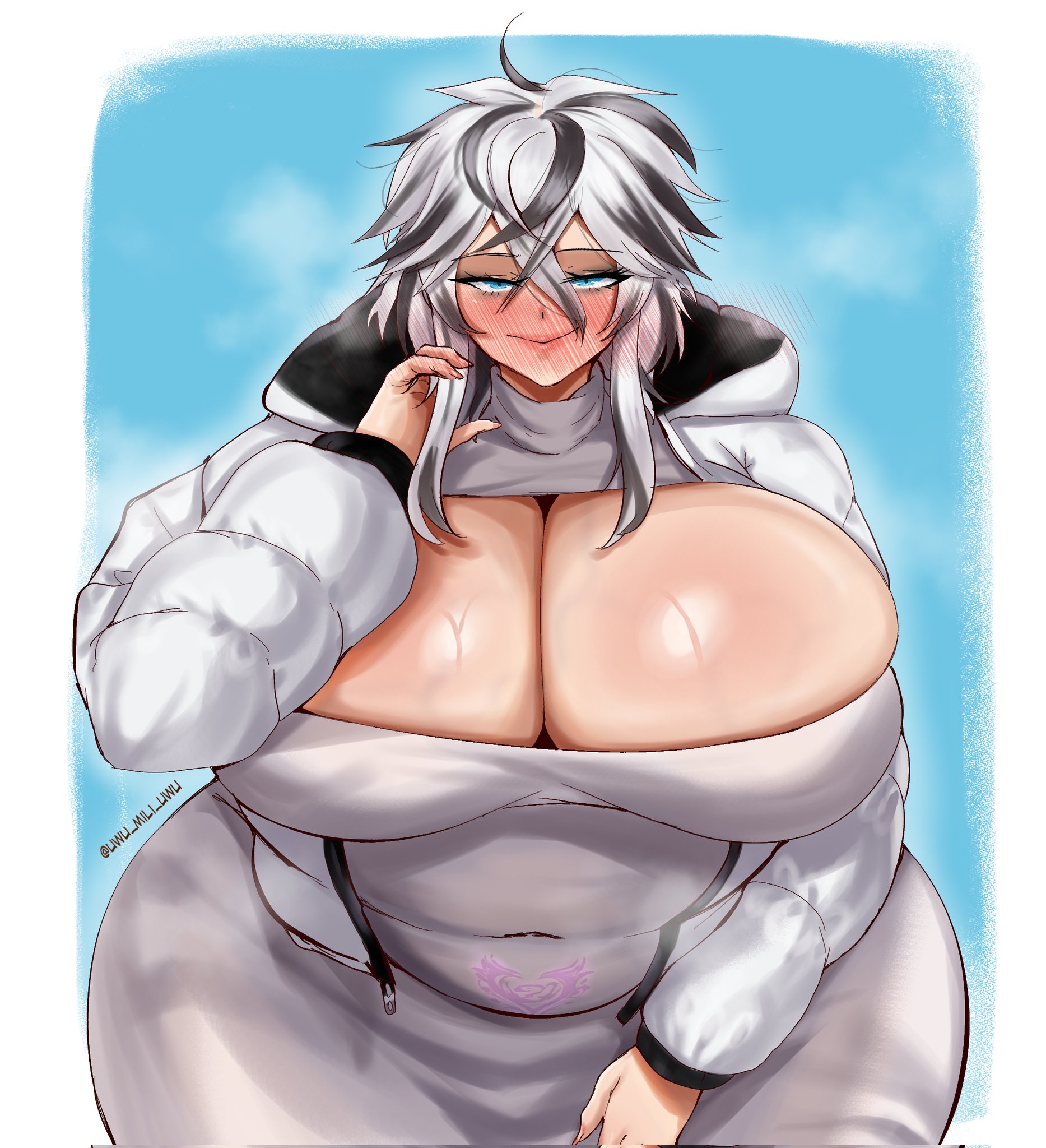 1girls, 2d (artwork), big breasts, blue eyes, blush, commission, curvy, curvy figure, dress, gray hair, highlights (coloring), huge breasts, large breasts, light-skinned female, massive breasts, milileonaorochi, original, original character, short hair, silver hair, solo, thick thighs, veins, voluptuous, voluptuous female