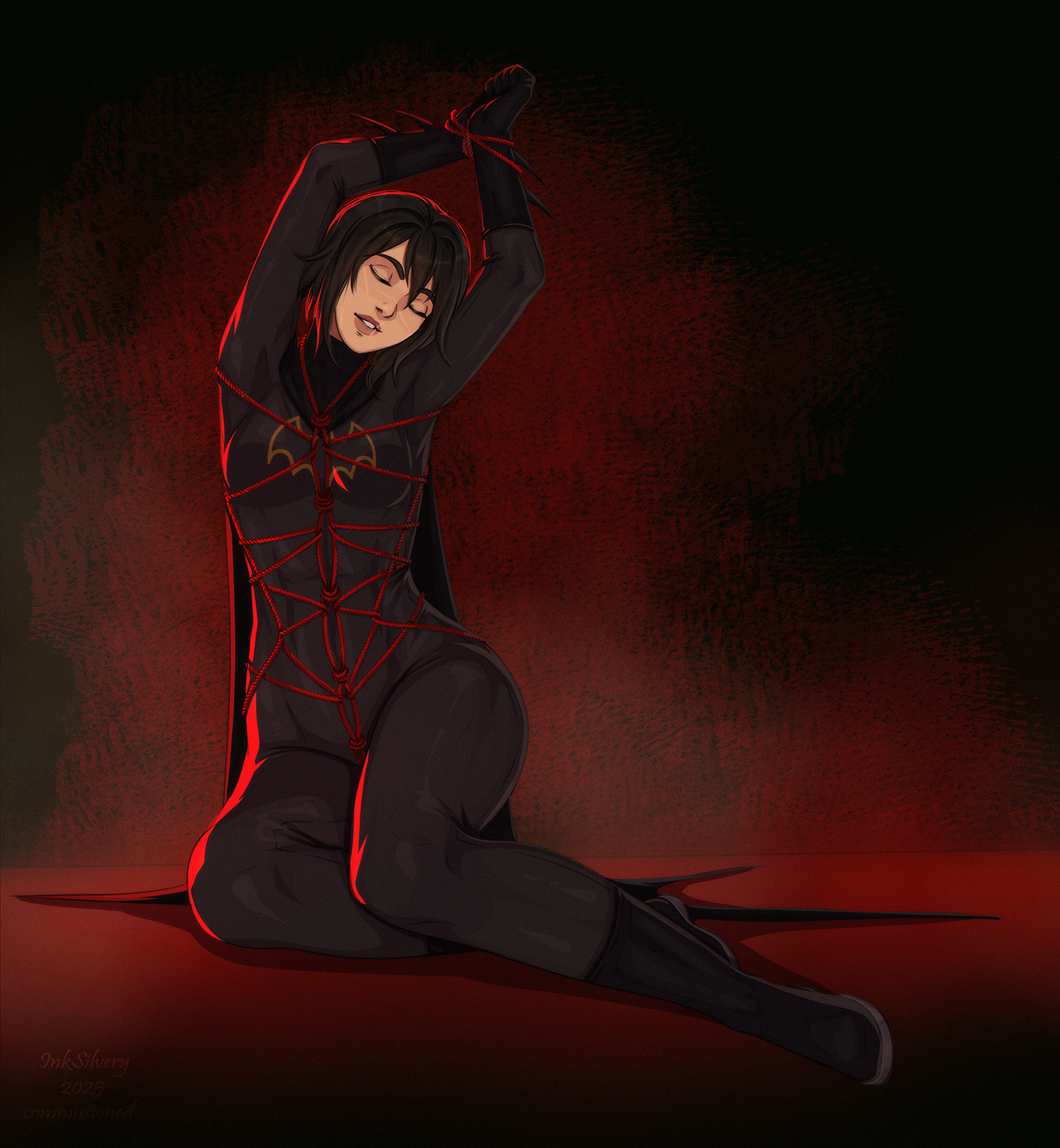 batgirl (cassandra cain), batman (series), black hair, bondage, breasts, cassandra cain, clothed female, dc, dc comics, female, inksilvery, rope, rope between breasts, rope bondage, short hair, tagme