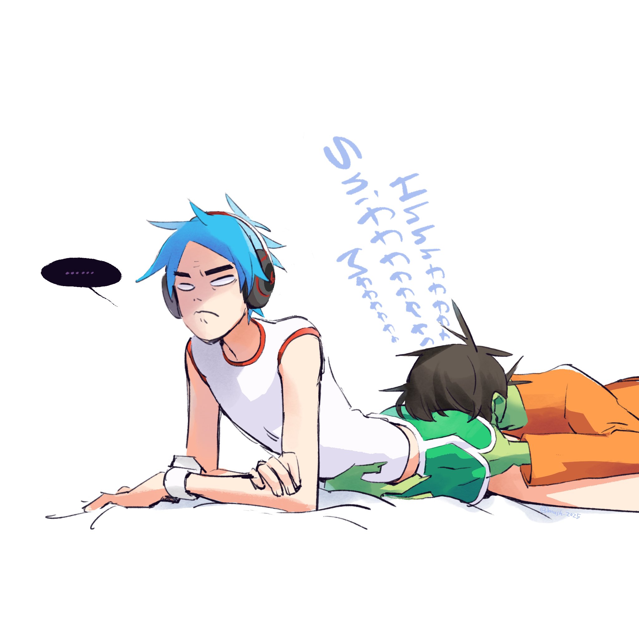 2d (gorillaz), 2d (humility), angry, angry expression, black hair, blue hair, clothed, clothing, disgusted, disgusted expression, disgusted look, fully clothed, gay, gorillaz, green skin, green skinned male, light skin, light-skinned male, male, male focus, male only, male/male, murdoc niccals, murdoc niccals (the now now), mush 2025, no visible genitalia, shorts, skinny, sniffing, sniffing ass