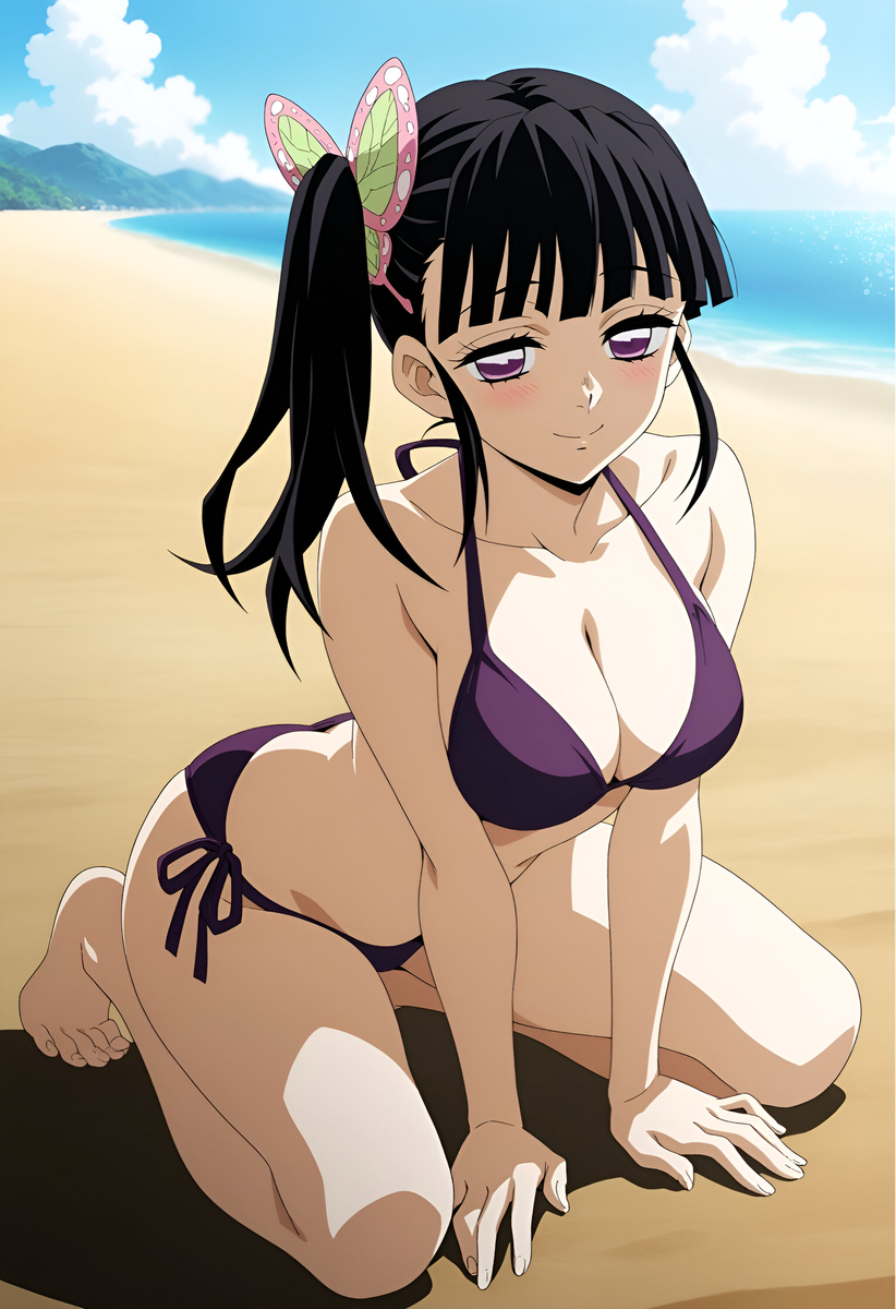 1girls, 2026, 2d, 2d (artwork), ai generated, all fours, beach, bikini, black hair, clothed, clothed female, demon slayer, duderu vanilla, female, female only, human, human only, kneeling, purple eyes, purple hair, questionable, solo, solo female, swimsuit, teenage female, teenager, tsuyuri kanao