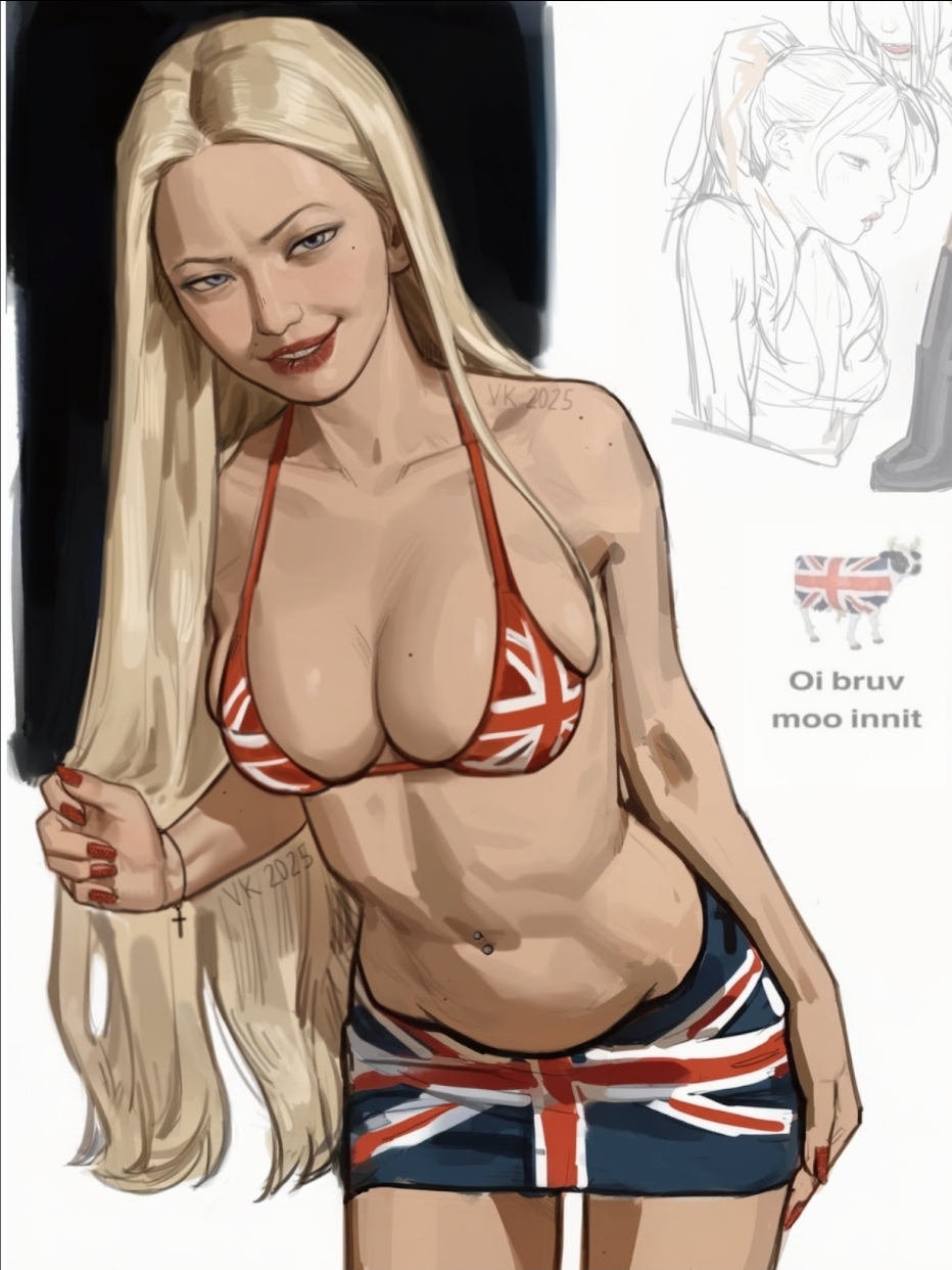 1girls, big breasts, biting lip, blonde hair, blue eyes, breasts, british, busty, cross, female, krautvan, large breasts, long hair, long hair female, navel, navel piercing, oc, smile, suggestive look, vankraut