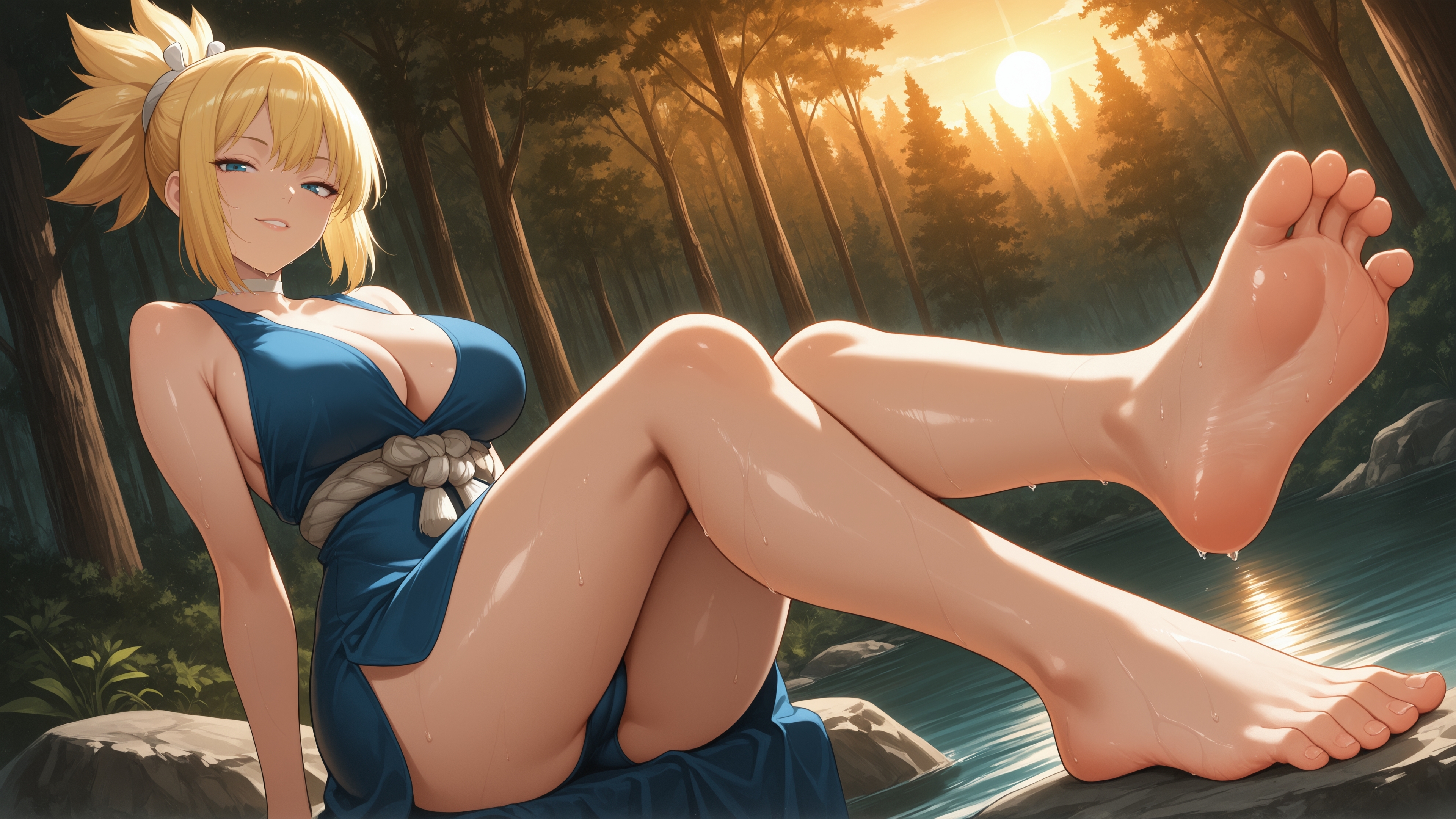 ai generated, arm support, bangs, bare legs, bare shoulders, barefoot, black panties, blonde hair, blue dress, blue eyes, breasts, bush, cleavage, dr.stone, dress, erosaga, feet, female, foot focus, forest, kohaku (dr.stone), large breasts, legs, looking at viewer, nature, panties, sash, sidelocks, sitting, sleeveless, smile, soles, solo, sunset, toes, tree, underwear, wet
