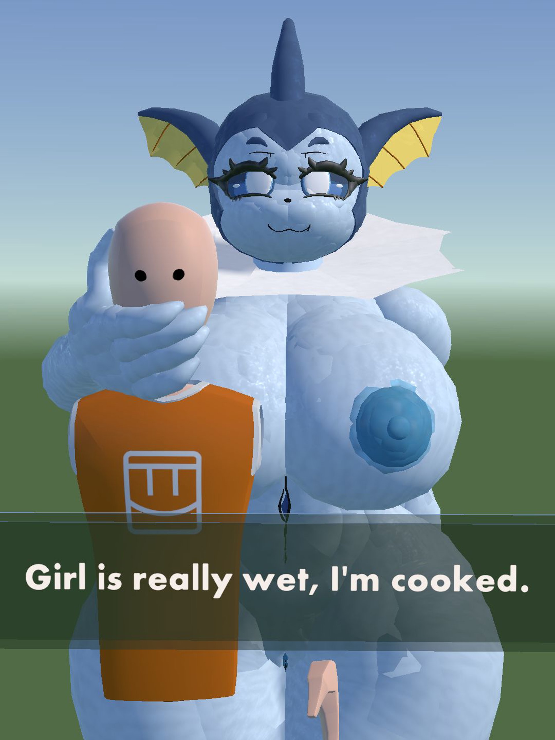 3d, 3d (artwork), adult female, adult male, anonymous male, arms behind back, bald, bald male, belly button, big areola, big areolae, blank background, bottomless male, breasts, caption, clothed male, clothed male nude female, covering breast, covering mouth, curvy, curvy female, curvy figure, eeveelution, female, furry, furry female, furry with non-furry, hand on mouth, high quality, human male, male, massive ass, massive breasts, massive thighs, naked, naked female, nipples, nude, nude female, orange t-shirt, pokemon, pokemon (species), pokephilia, presenting hindquarters, pussy, rec room, rec room avatar, recroom, recroom-nsfw, shaded, shirt, standing, straight, syntholsoul, t-shirt, text, thick ass, thick butt, thick thighs, vagina, vaporeon, vr avatar