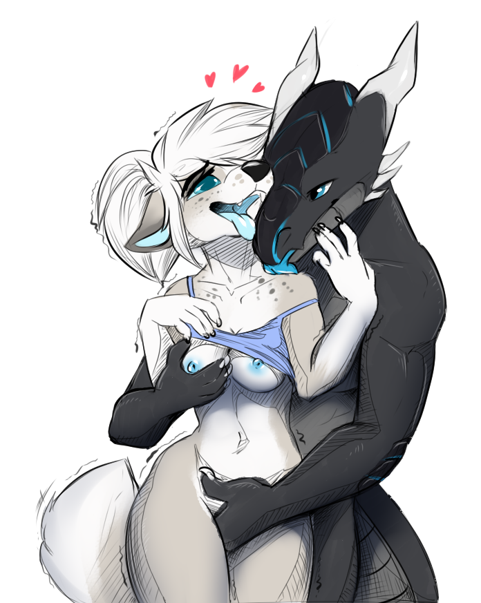 2018 anthro arctic_fox black_body blue_eyes blue_tongue bottomless breast_fondling breasts canid canine clothed clothing dragon duo female finger_fuck fingering fondling fox hair hand_on_breast heart licking looking_pleasured male mammal nipples nude off_shoulder raised_shirt romantic_couple shaking simple_background sinalanf standing straight tongue tongue_out tundra_(polarlights) vaginal_penetration white_background white_hair xero_(captainscales)