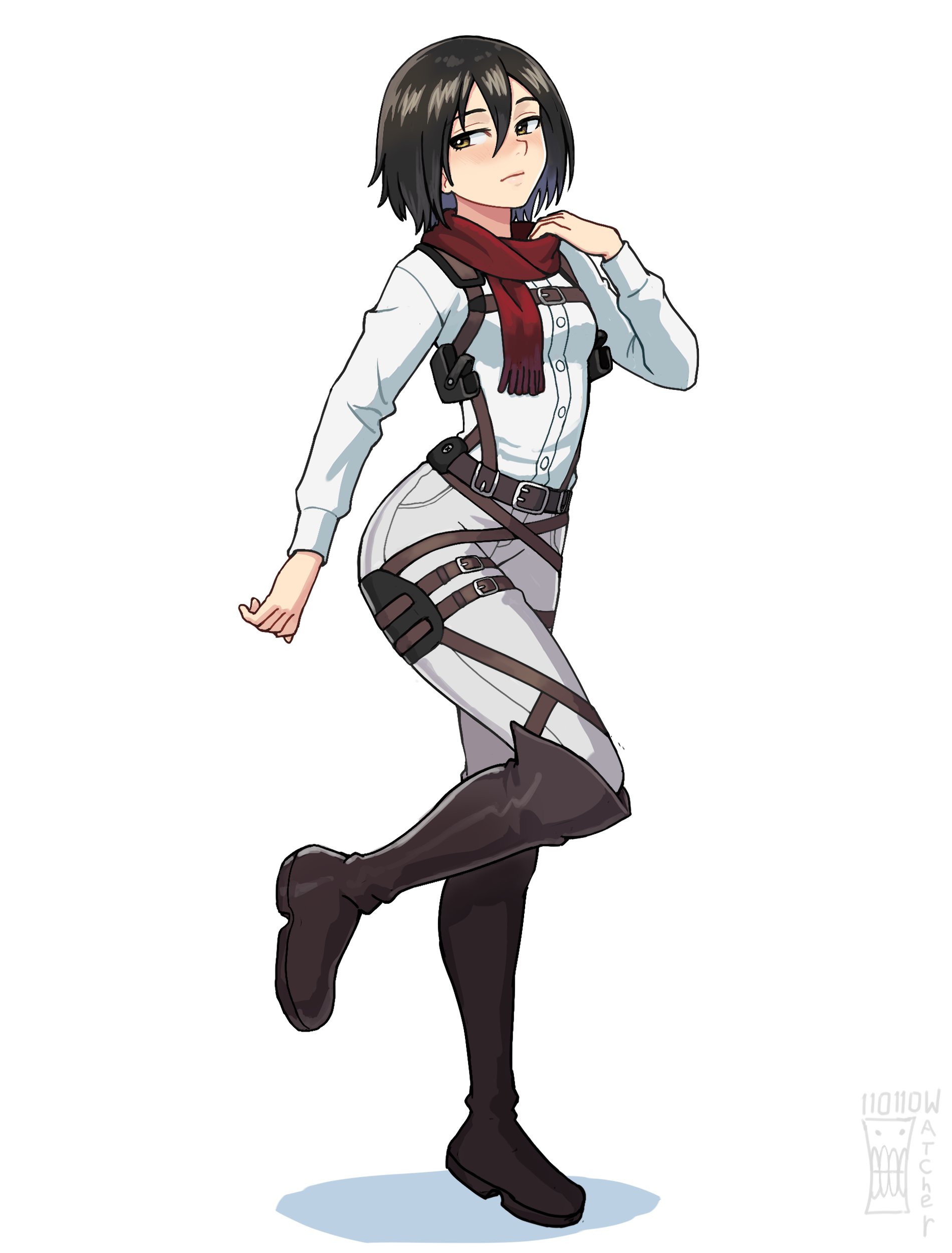1girls, 2025, ass, attack on titan, belly, big ass, big thighs, black hair, blush, bob cut, boots, bottomwear, breasts, brown eyes, clothed, clothing, female, female focus, female only, footwear, front view, full body, garter belt, garter straps, legwear, long sleeves, looking away, mikasa ackerman, no sex, panties, scarf, sfw, shingeki no kyojin, shirt, shoes, short hair, slim, slim female, slim waist, small breasts, small waist, solo, solo female, standing, straight, straps, thick, thick ass, thick thighs, thighhighs, thighs, topwear, watcher hollow, white background, white body, white skin, yellow eyes