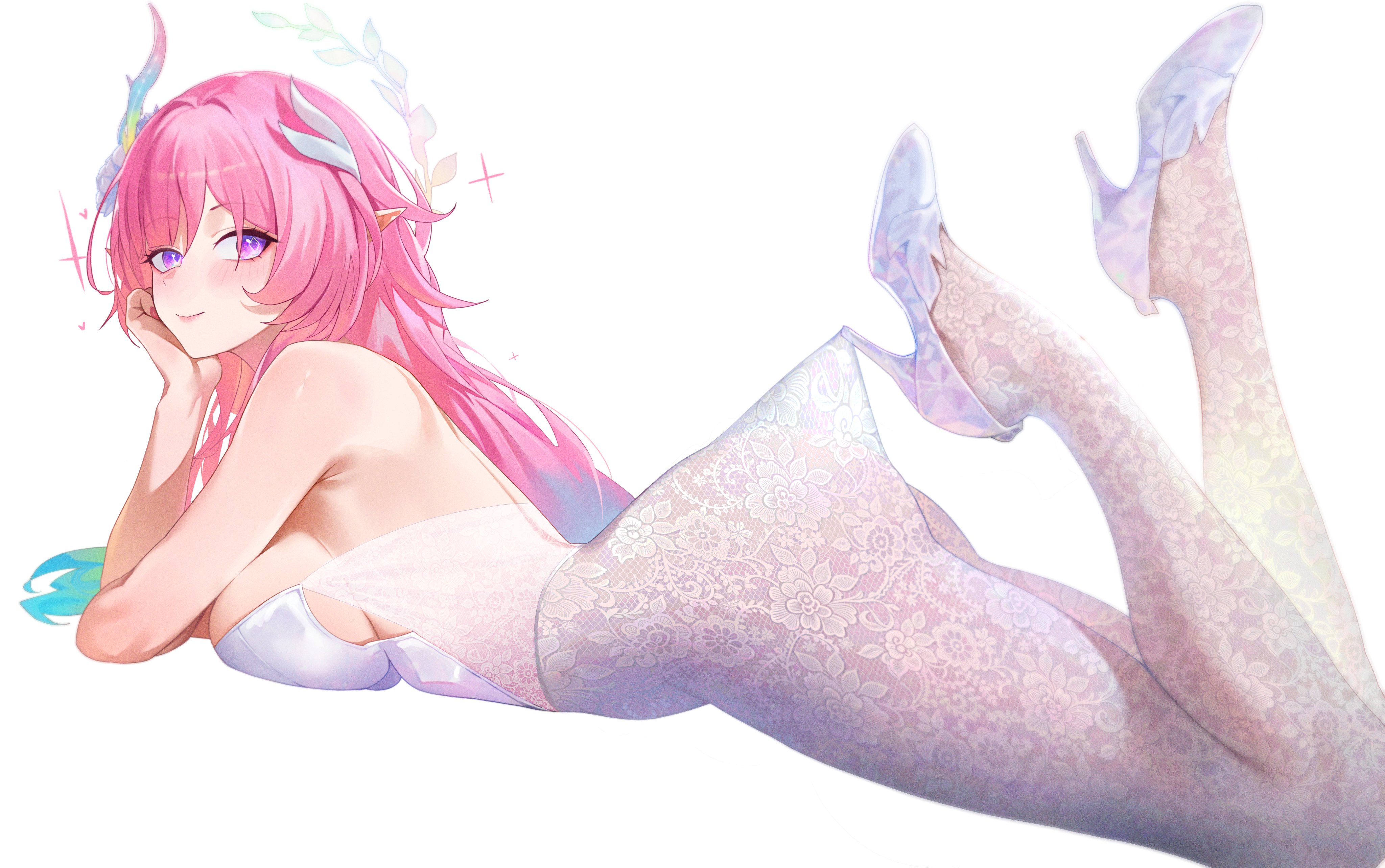 1girl, 1girls, absurdres, alternate costume, ass, backless outfit, bare shoulders, blush, breasts, closed mouth, commentary, cyrene (honkai: star rail), cyrene (ripples of past reverie) (honkai: star rail), demiurge (honkai: star rail), english commentary, female, female only, from side, halo, head rest, high heels, highres, honkai (series), honkai: star rail, hooked on heel, lace pantyhose, lace pantyhose hooked on heel (meme), large breasts, leotard, light skin, light-skinned female, long hair, looking at viewer, looking to the side, lying, meme, on stomach, pink hair, pointy ears, purple eyes, revision, shoes, sidelocks, simple background, smile, solo, solo female, the pose, white background, white leotard, white shoes, yonesdraws