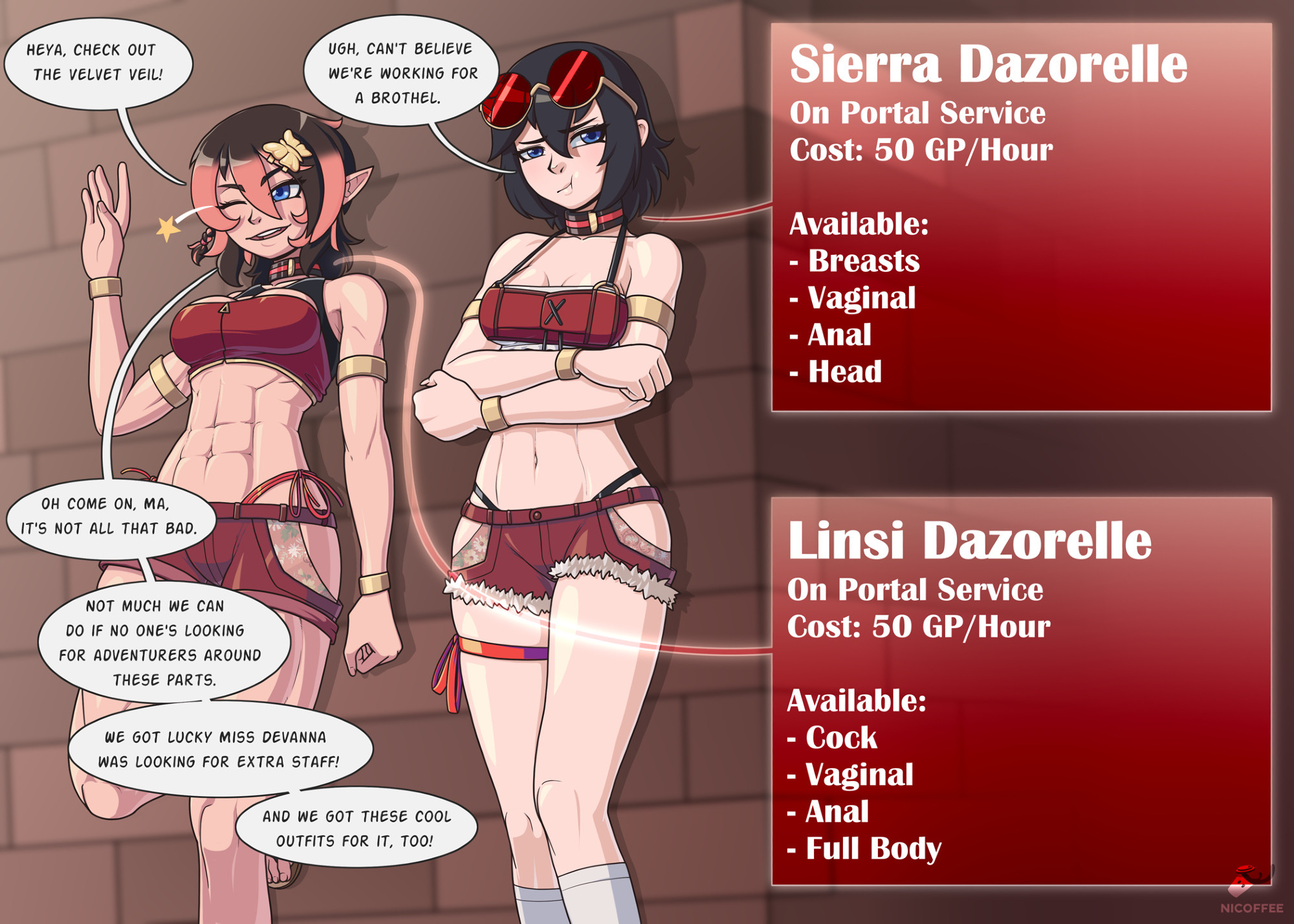 1futa, 1girls, blue eyes, clothed, clothing, dialogue, duo focus, female, full-package futa, fully clothed, futanari, human, humanoid, light skin, light-skinned female, light-skinned futa, linsi dazorelle, mother and daughter, nicoffee, portal, portal panties, portal ring, sierra dazorelle, standing, text