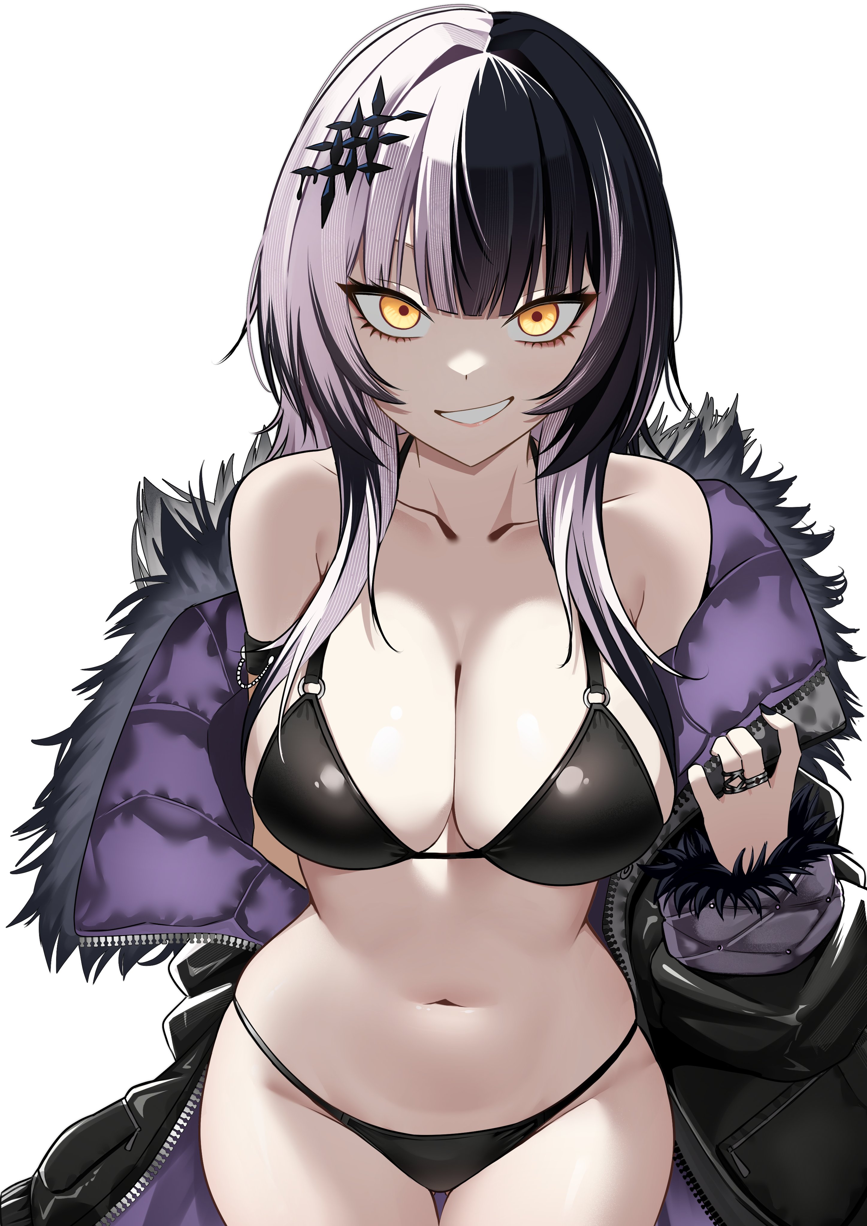 absurdres, bikini, black bikini, black hair, black jacket, black nails, blunt bangs, breasts, cleavage, female, fur trim, fur-trimmed jacket, gluteal fold, grey hair, grin, hand up, highres, hololive, hololive english, hololive english -advent-, jacket, jacket partially removed, jewelry, large breasts, long hair, looking at viewer, multicolored hair, nail polish, navel, o-ring, o-ring top, purple jacket, quilted jacket, raikkonen, revision, ring, shiori novella, simple background, smile, solo, split-color hair, stomach, swimsuit, thigh gap, two-sided fabric, two-sided jacket, virtual youtuber, white background, yellow eyes