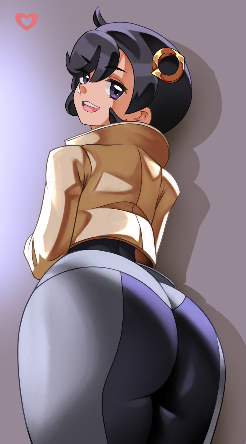 ass, back, black bodysuit, black hair, bodysuit, bodysuit under clothes, brown jacket, dark skin, dark-skinned female, emma (pokemon), female, hair ornament, highres, iiros, jacket, long sleeves, looking at viewer, looking back, matiere (pokemon legends: z-a), matiere (pokemon), nintendo, open mouth, pokemon, pokemon legends: z-a, purple eyes, short hair, solo, swept bangs, thighs, wide hips