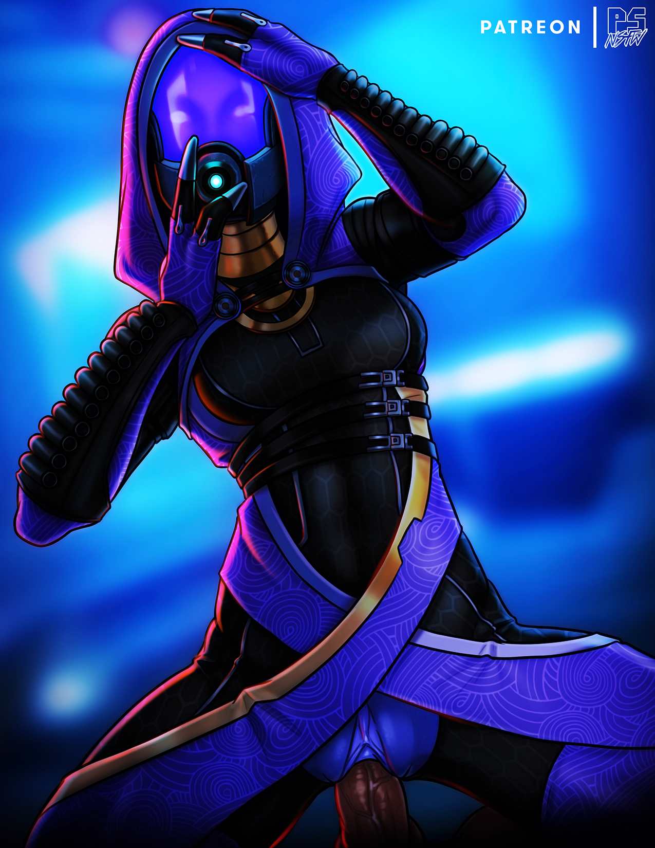 1boy, 1girls, alien, alien girl, bodysuit, dark skin, dark-skinned male, erection, female, helmet, interspecies, male, mask, masked female, mass effect, penetration, penis, pov, pumpkinsinclair, pussy, quarian, sex, tali'zorah nar rayya, unseen male face, vaginal penetration