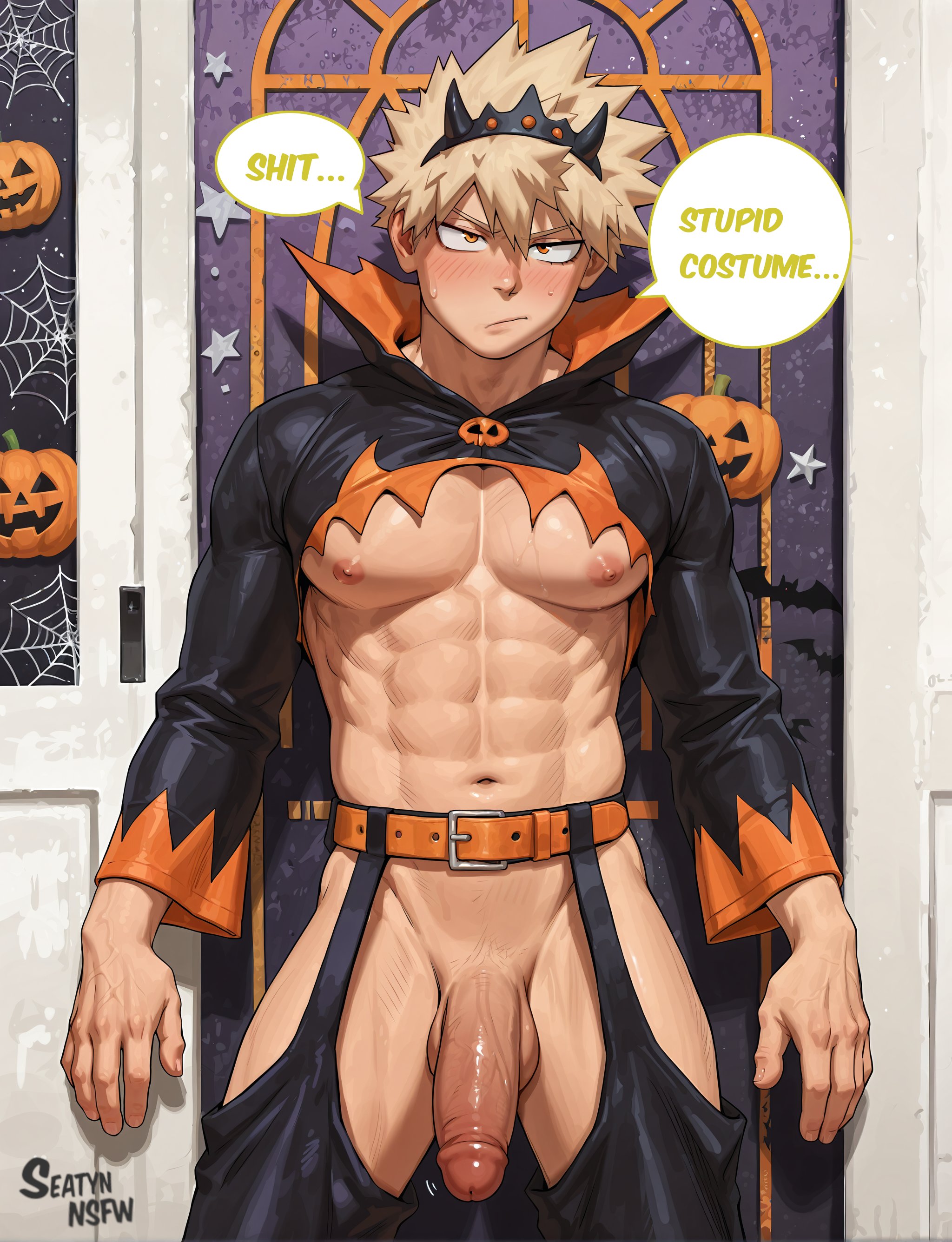 1boy, ai generated, anime, bakugou katsuki, balls, blonde hair, boku no hero academia, english, english text, flaccid, gay, halloween costume, katsuki bakugou, male, male focus, male only, my hero academia, nipples, penis, seatyn nsfw, solo, solo focus, solo male, text, text bubble, yaoi