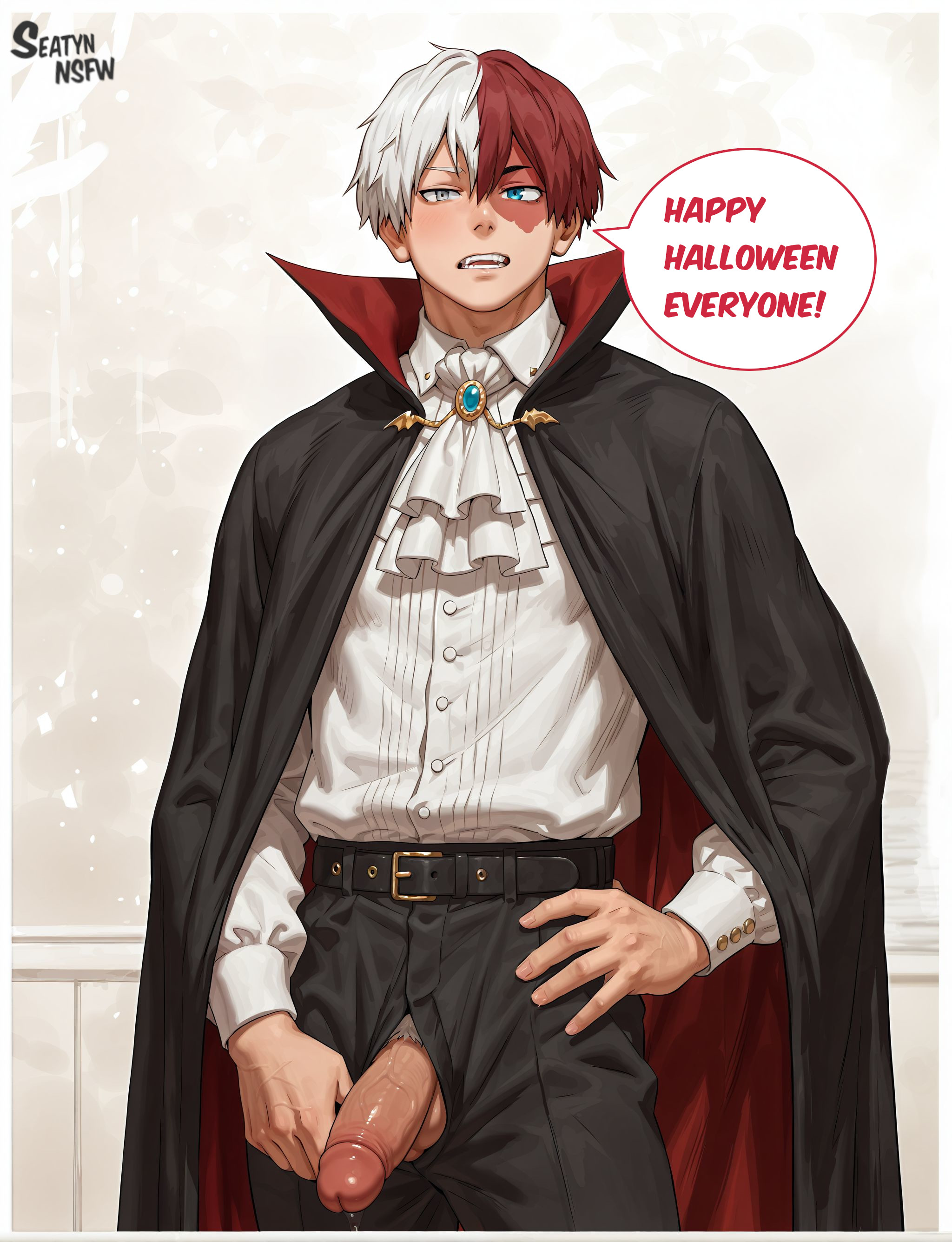 1boy, ai generated, anime, balls, blue eyes, boku no hero academia, english, english text, flaccid, gay, grey eyes, halloween costume, heterochromia, male, male focus, male only, my hero academia, penis, red hair, seatyn nsfw, shouto todoroki, solo, solo focus, solo male, text, text bubble, todoroki shouto, vampire costume, white hair, yaoi