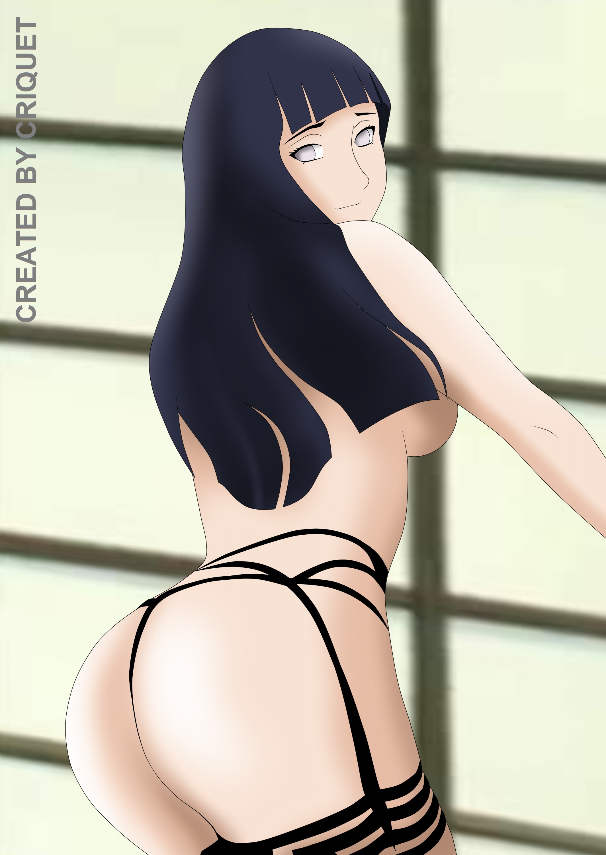 1girls, ass, criquet, female, female only, hyuuga hinata, lingerie, long hair, looking at viewer, naruto, naruto (series), naruto shippuden, purple eyes, smile, solo, white skin