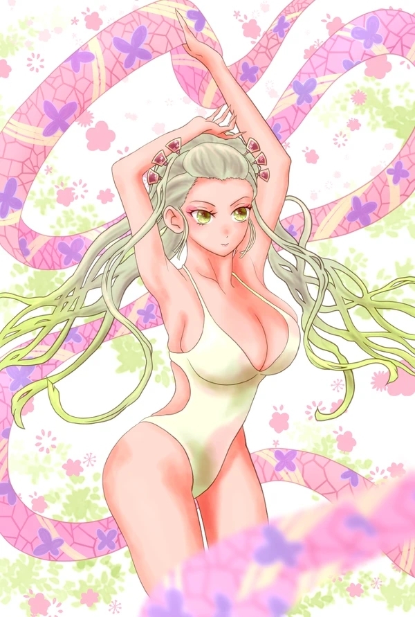 daki_(kimetsu_no_yaiba) demon demon_girl demon_slayer female green_eyes kimetsu_no_yaiba large_breasts oiran solo swimwear thick_thighs white_hair