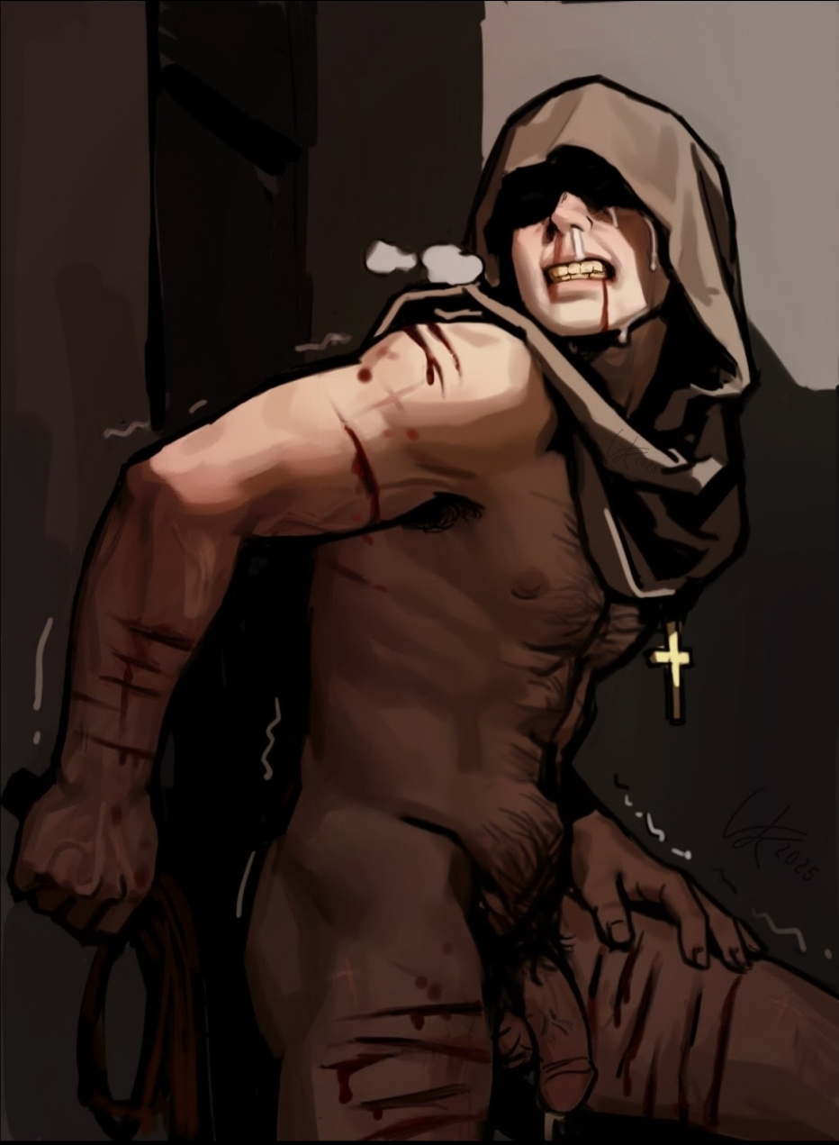 bleeding, body hair, chest hair, cross, crying, dick, hood up, hooded, krautvan, pubic hair, scars, self harm, snot, snot drip, snot trail, vankraut, veins on dick, whip