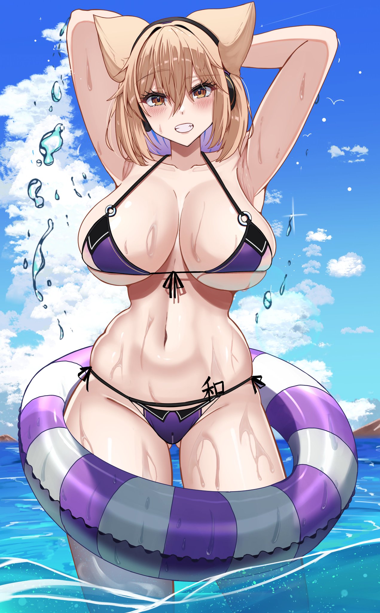 1girls 2d armpits arms_behind_head arms_up beach belly belly_button big_breasts bikini blonde_hair blush breasts breasts_bigger_than_head day earmuffs female hair_ears hips hossy huge_breasts in_water large_breasts lifebuoy looking_at_viewer open_mouth outdoors posing short_hair smile solo source standing tattoo thick_thighs thighs touhou toyosatomimi_no_miko wet wide_hips yellow_eyes zipper zipper_bikini