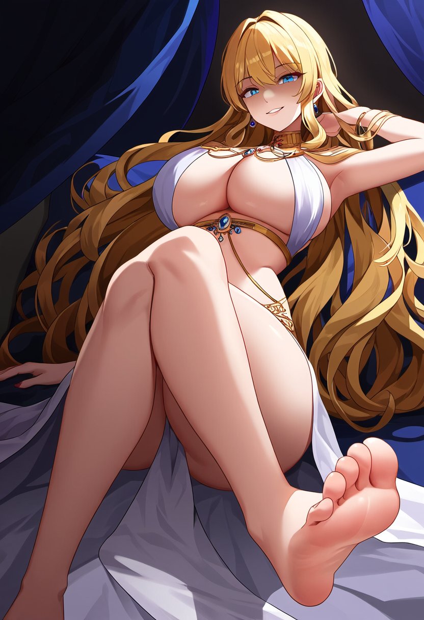 ai generated, bare legs, barefoot, big breasts, blonde female, blonde hair, blue eyes, breasts, crossed legs, dominatrix, female, goddess, inner sideboob, looking at viewer, partially clothed female, queen, queen miko, smiling, toes
