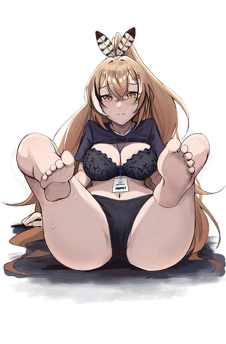 1girls, ass, ass visible through thighs, black lingerie, blush, breasts, closed mouth, feet up, female, female only, foot fetish, foreshortening, hololive, hololive english, hololive english -council-, hololive english -promise-, huge ass, huge thighs, id card, lace-trimmed bra, large breasts, legs up, light skin, light-skinned female, lingerie, nanashi mumei, panties, soles, solo, thick thighs, toes scrunch, vicarious (vicillust), virtual youtuber, wide hips, worried