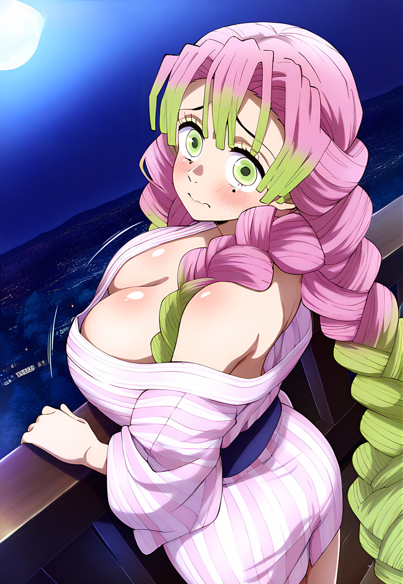 ai generated, ailurid, ass, big ass, big butt, blush, braided ponytail, breasts, curvaceous, curvy female, demon slayer, fat ass, female, gigantic breasts, green eyes, huge breasts, japanese clothes, kanroji mitsuri, kimetsu no yaiba, light skin, light-skinned female, looking at viewer, massive breasts, moon, mr. nyazakura, multicolored hair, pink hair, shounen jump, voluptuous, voluptuous female