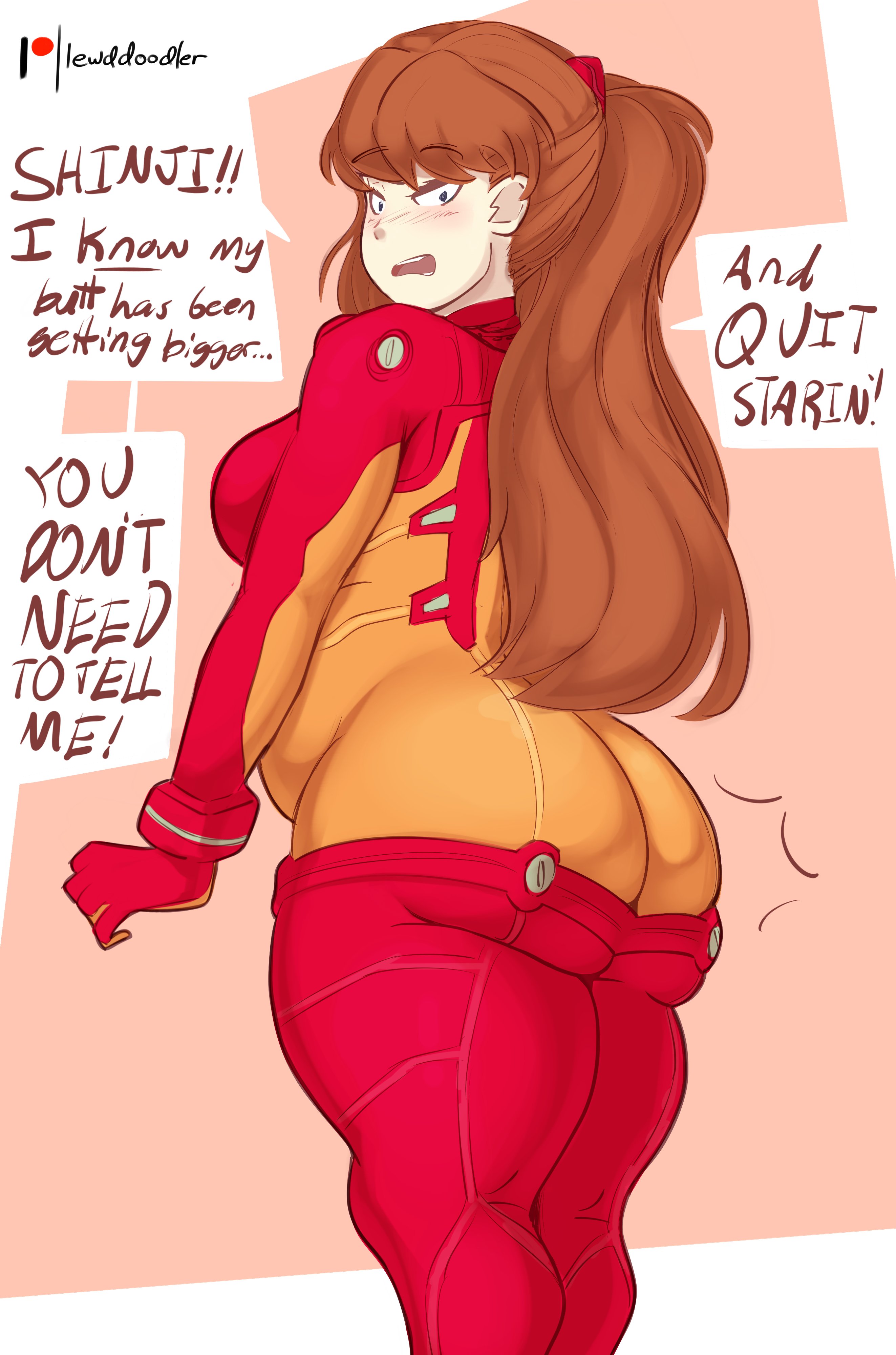1boy, 1girls, ass, asuka langley sohryu, big ass, blushing, blushing at viewer, chubby, chubby female, embarrassed, english, english text, female, female focus, lewddoodler, male, neon genesis evangelion, plugsuit, shinji ikari, text, text box, thick thighs, thighs, tsundere, unseen character, unseen male