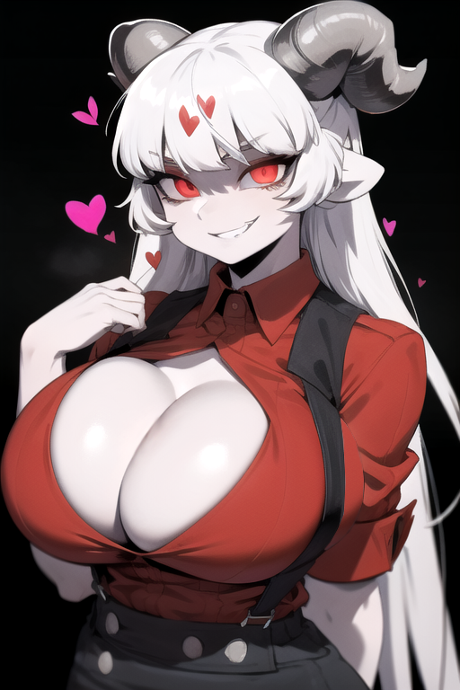 1monster ai_generated baphomet_(grizz) boob_window breasts cleavage clothing daidouji_(artist) daidoujipv demon demon_girl demon_horns helltaker long_hair looking_at_viewer red_eyes