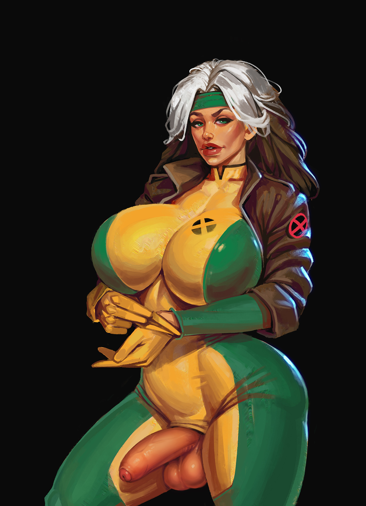 1futa, alternate version available, anna marie, balls, big breasts, big lips, big penis, bimbo, bimbo lips, bodysuit, boobsgames, breasts, brown hair, clothed, clothing, curvy, exposed penis, foreskin, futa only, futanari, green eyes, hair, half-erect, hips, huge breasts, human, intersex, jacket, large breasts, light skin, light-skinned futa, lips, long hair, marvel, marvel comics, partially retracted foreskin, penis, penis out, retracted foreskin, rogue (x-men), solo, solo futa, standing, testicles, thick lips, thick thighs, thighs, tight clothing, two-tone hair, uncircumcised, uncut, white hair, wide hips, x-men